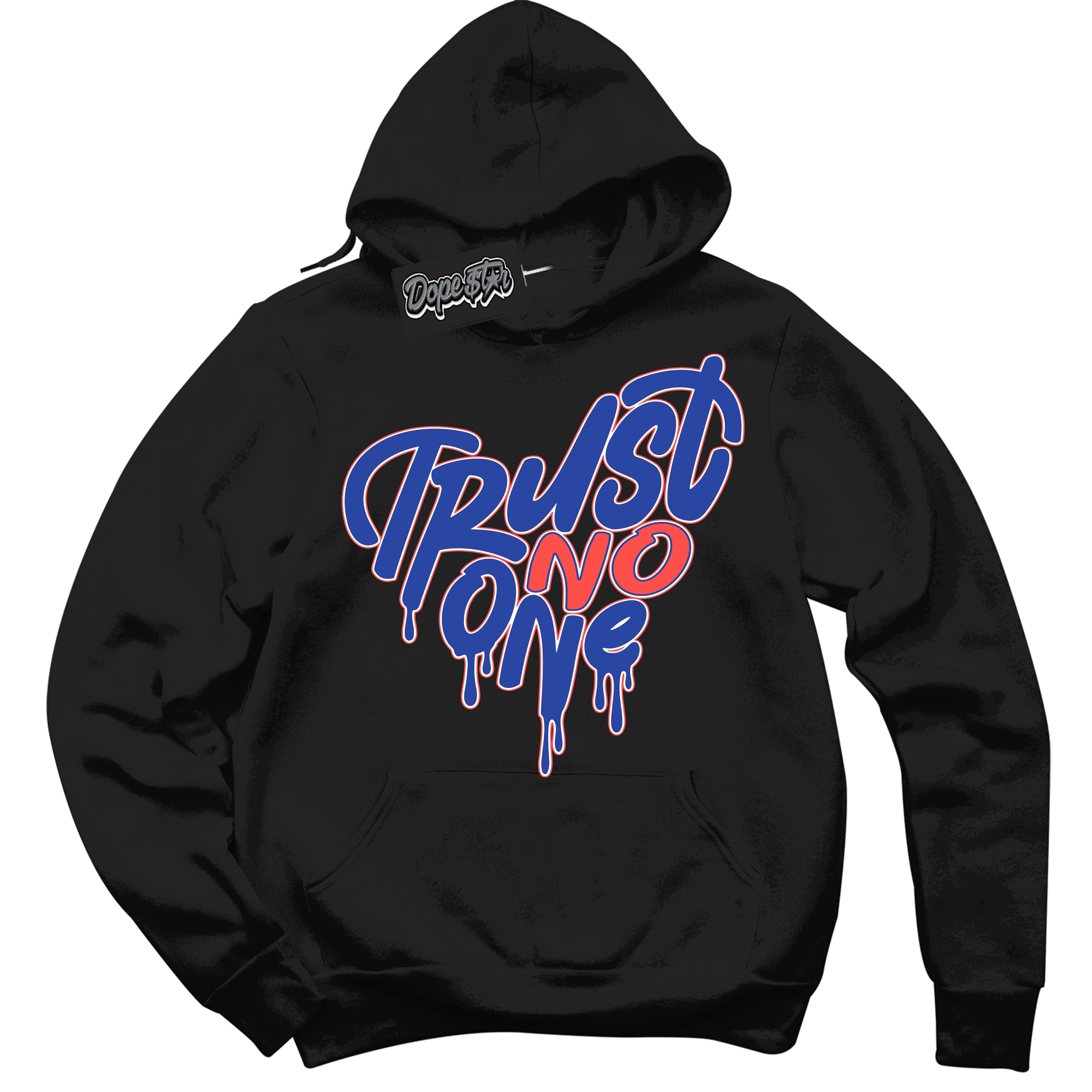 Cool Black Hoodie with “ Trust No One Heart '' design that Perfectly Matches  Ultramarine 180s Sneakers.