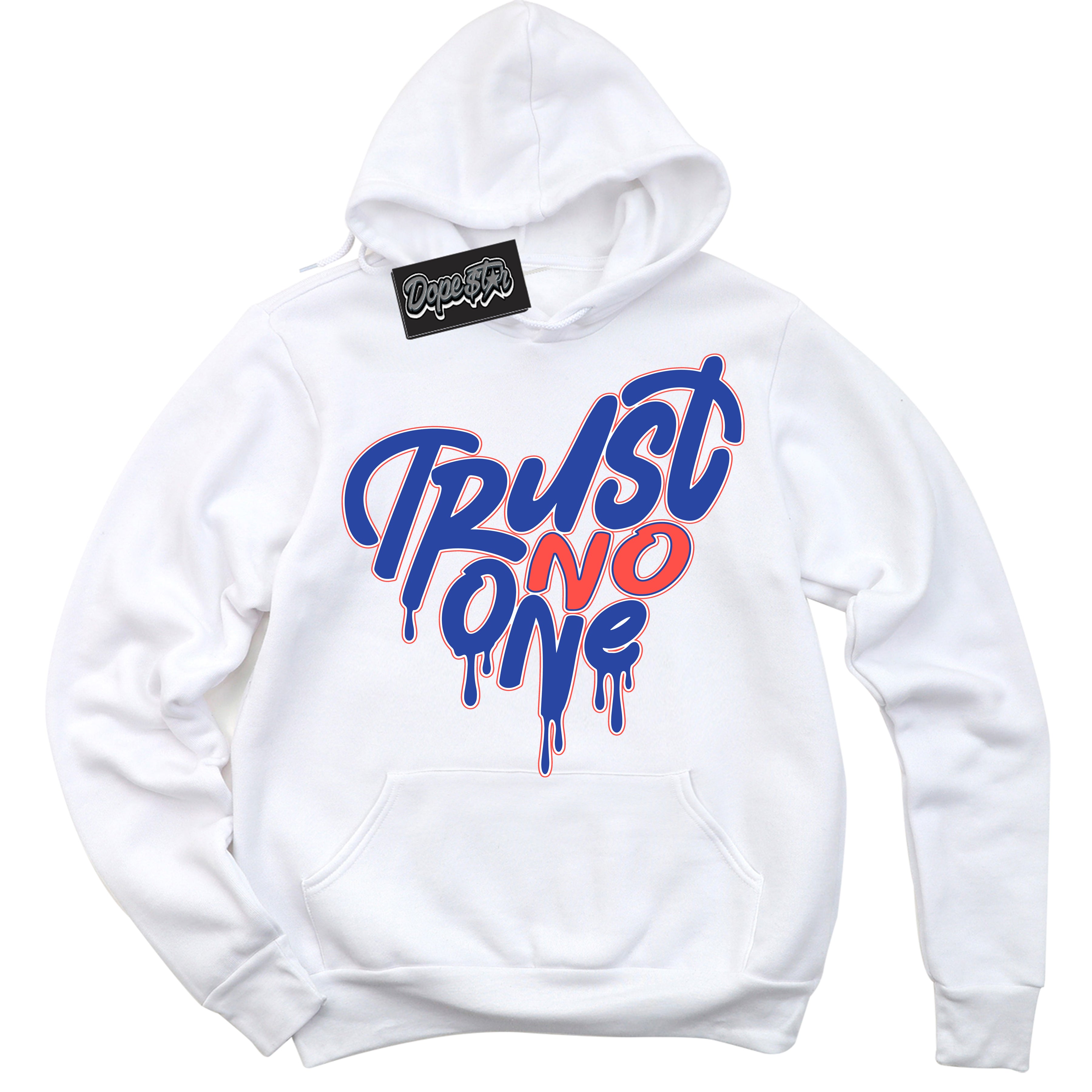 Cool White Hoodie with “ Trust No One Heart '' design that Perfectly Matches  Ultramarine 180s Sneakers.