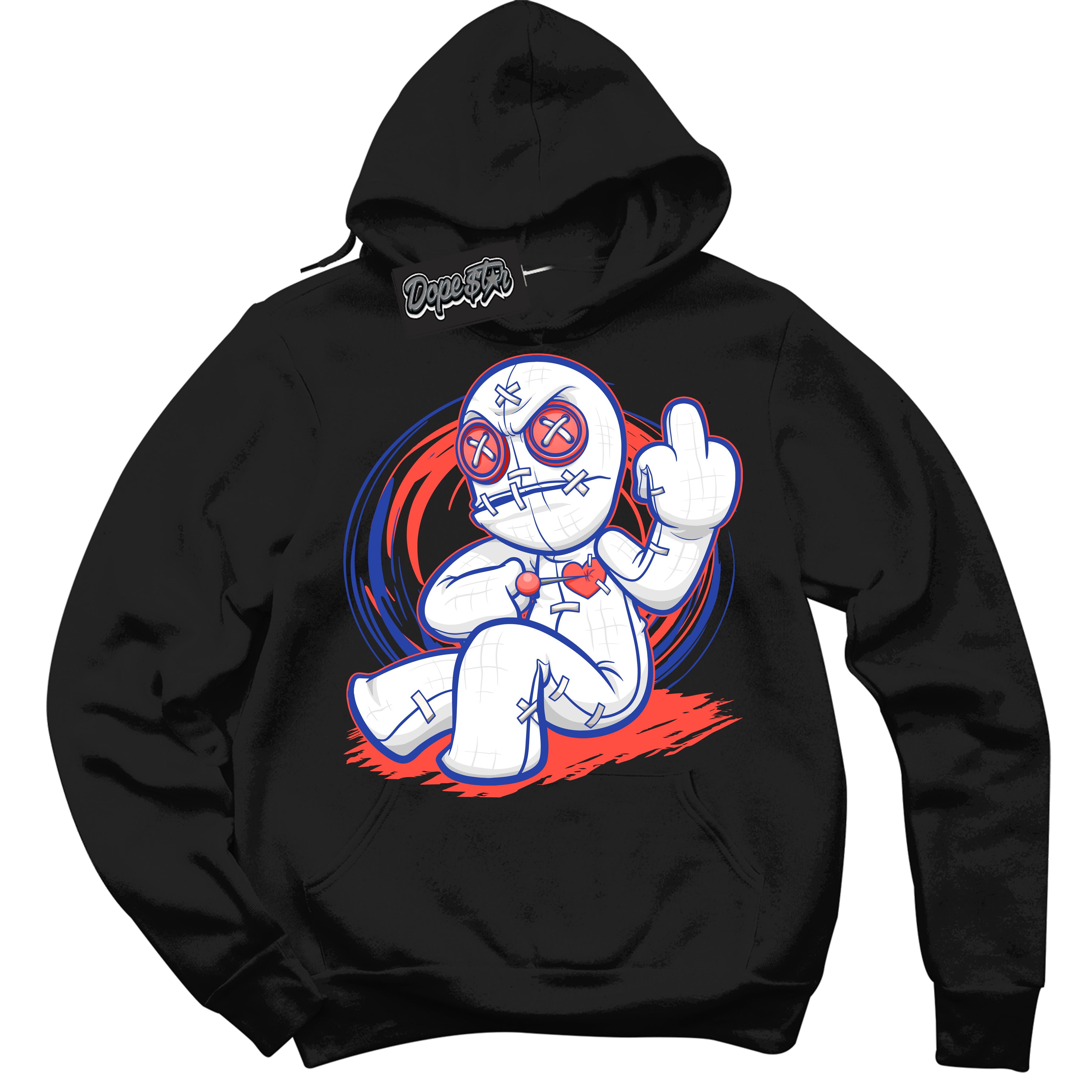 Cool Black Hoodie with “ VooDoo Doll '' design that Perfectly Matches  Ultramarine 180s Sneakers.