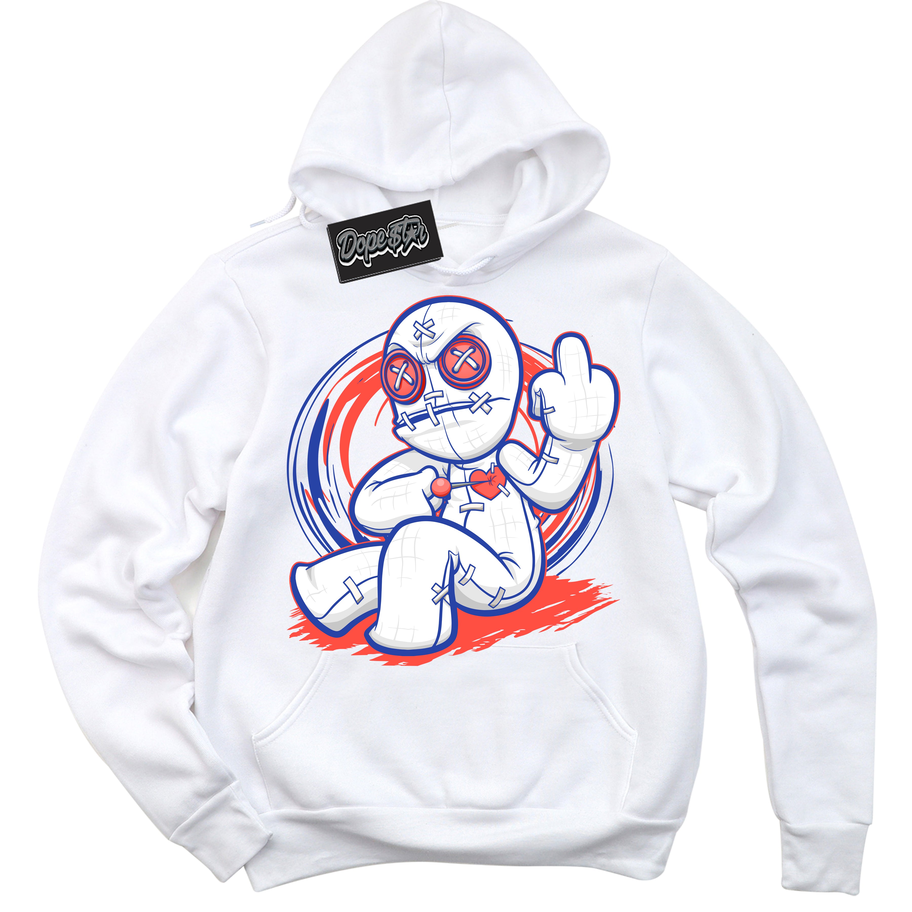 Cool White Hoodie with “ VooDoo Doll '' design that Perfectly Matches  Ultramarine 180s Sneakers.