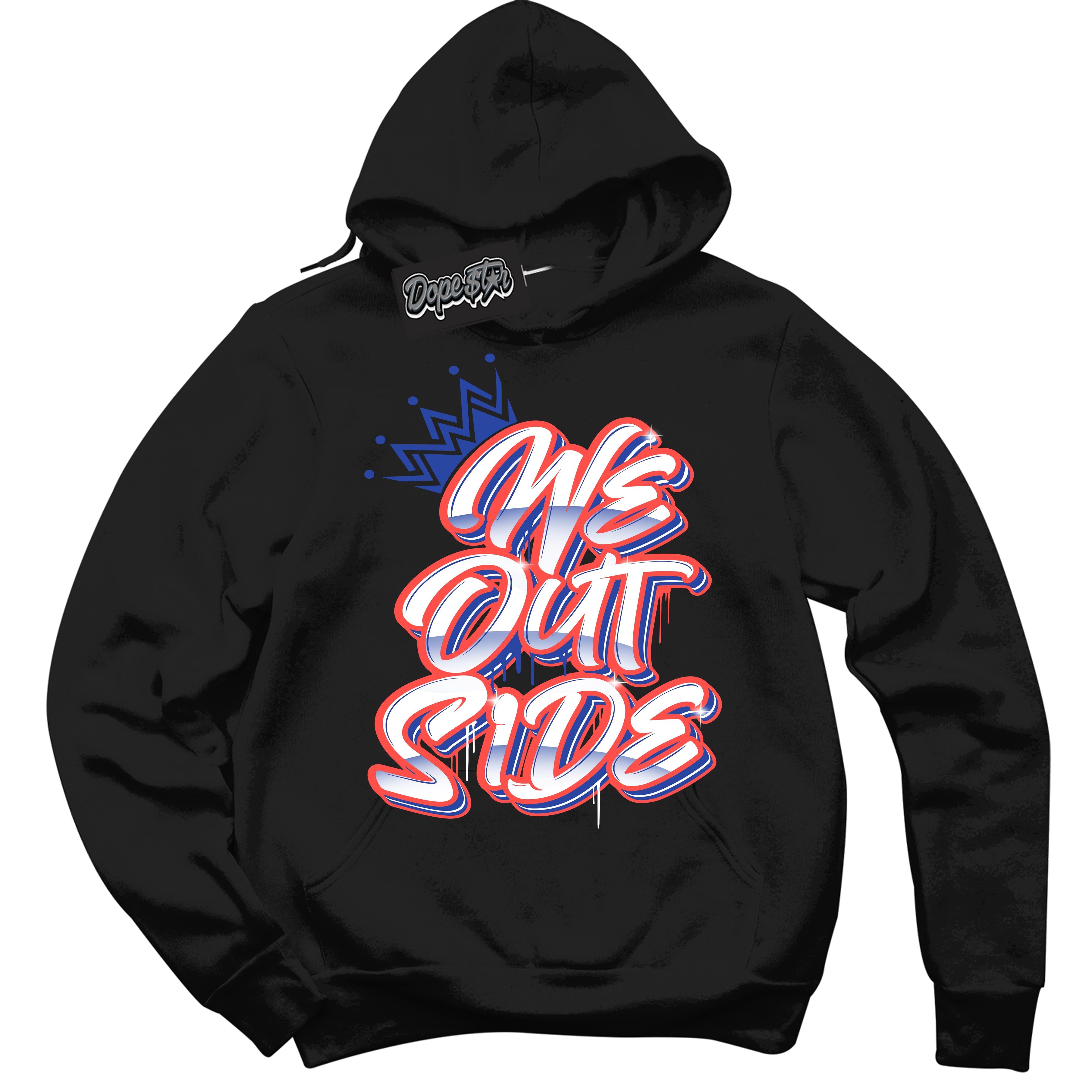 Cool Black Hoodie with “ We Outside '' design that Perfectly Matches  Ultramarine 180s Sneakers.