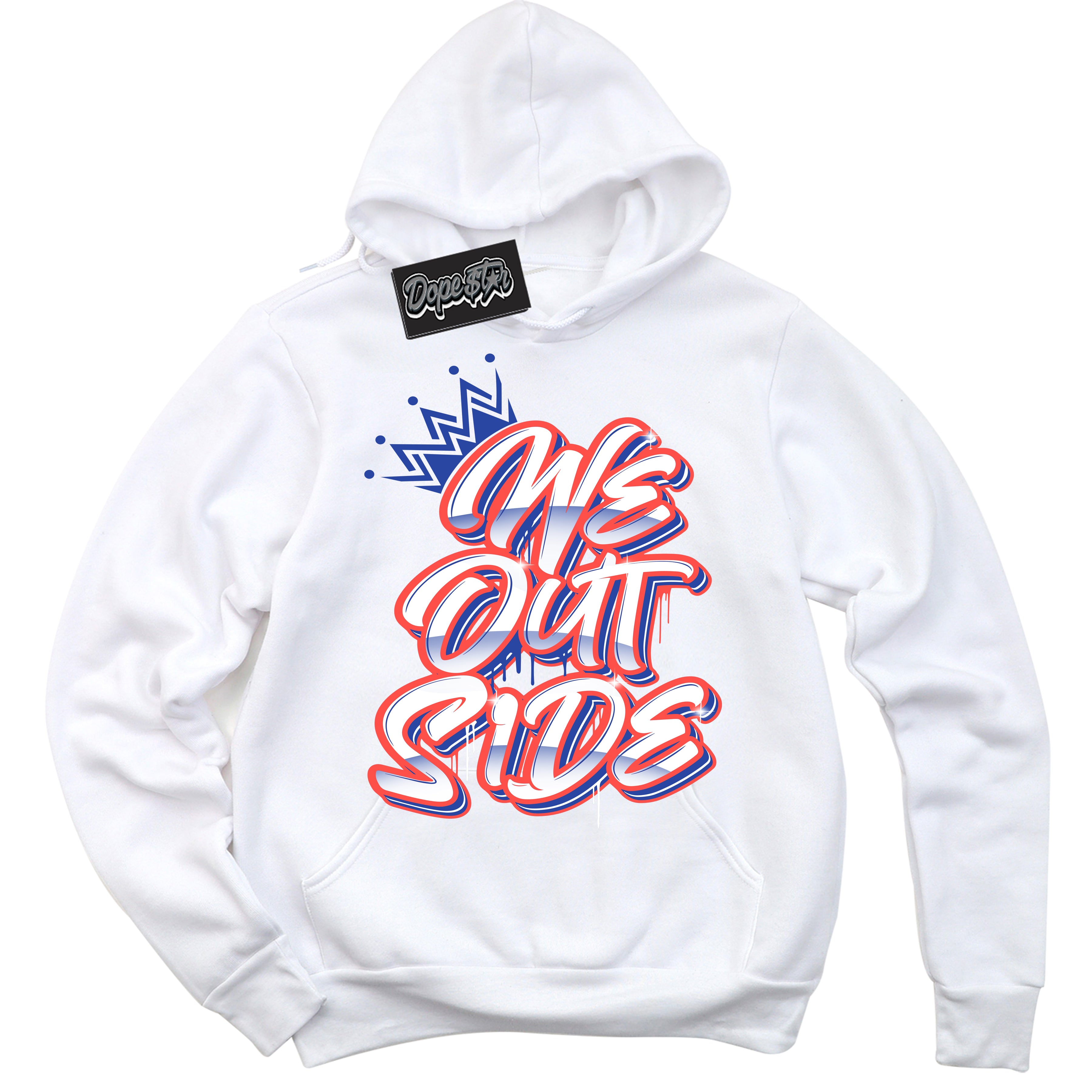 Cool White Hoodie with “ We Outside '' design that Perfectly Matches  Ultramarine 180s Sneakers.