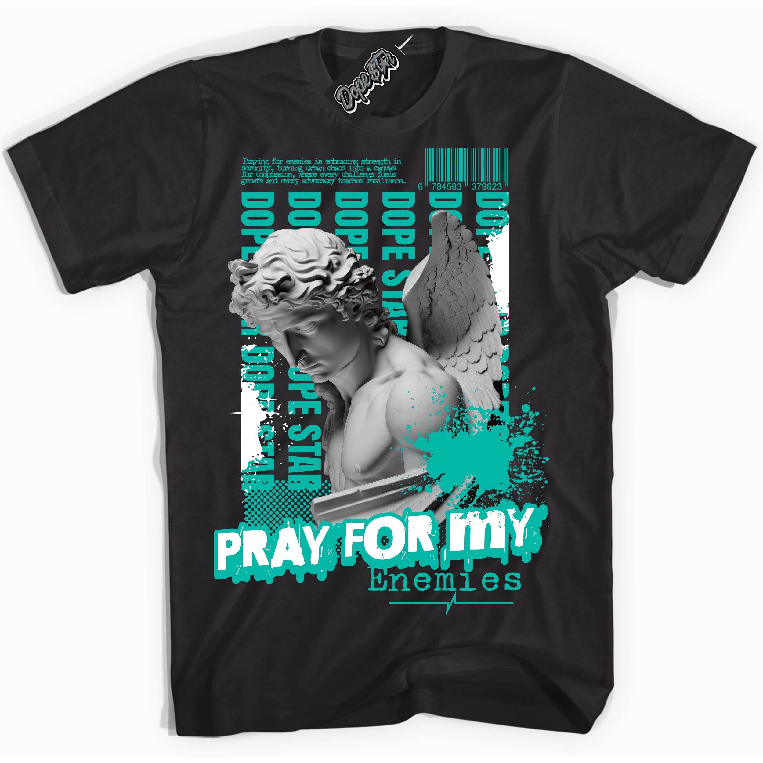 Cool Black Shirt with “ Pray Enemies” design that perfectly matches Clear Jade Sneakers.