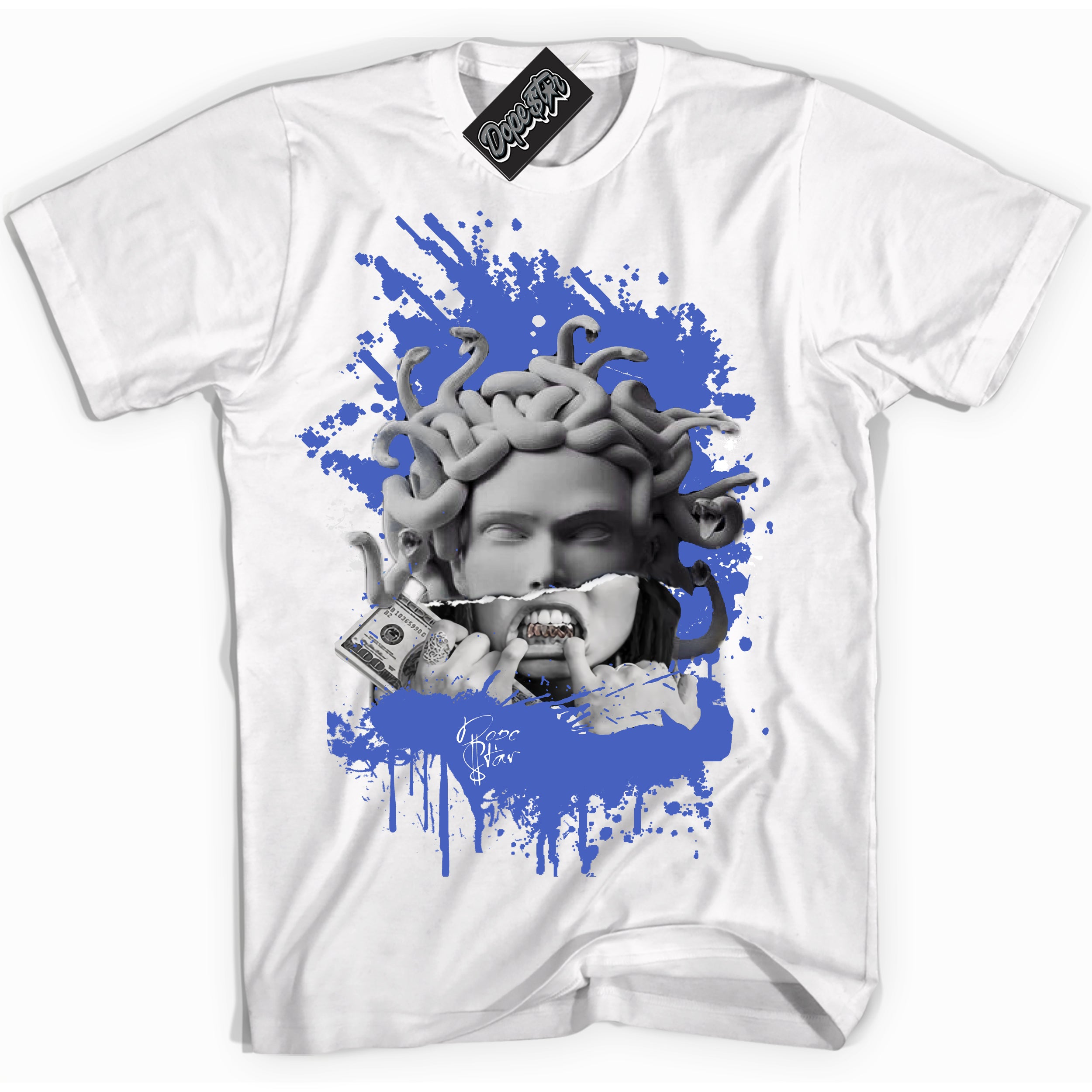 Cool White graphic tee with “ MEDUSA ” print, that perfectly matches Nike Dunk Disrupt 2 Hyper Royal sneakers
