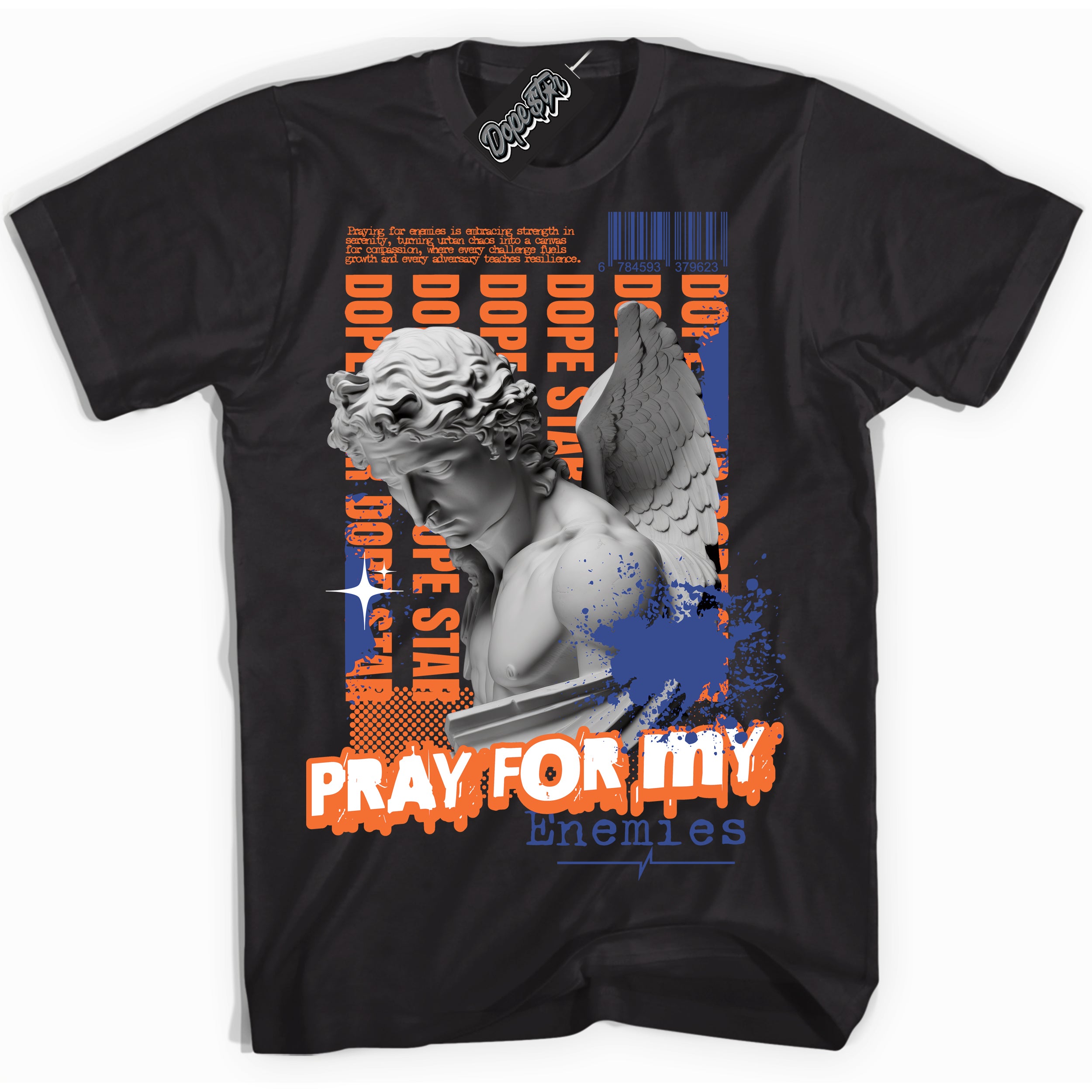 Cool Black Shirt with “ Pray Enemies” design that perfectly matches Knicks Sneakers.