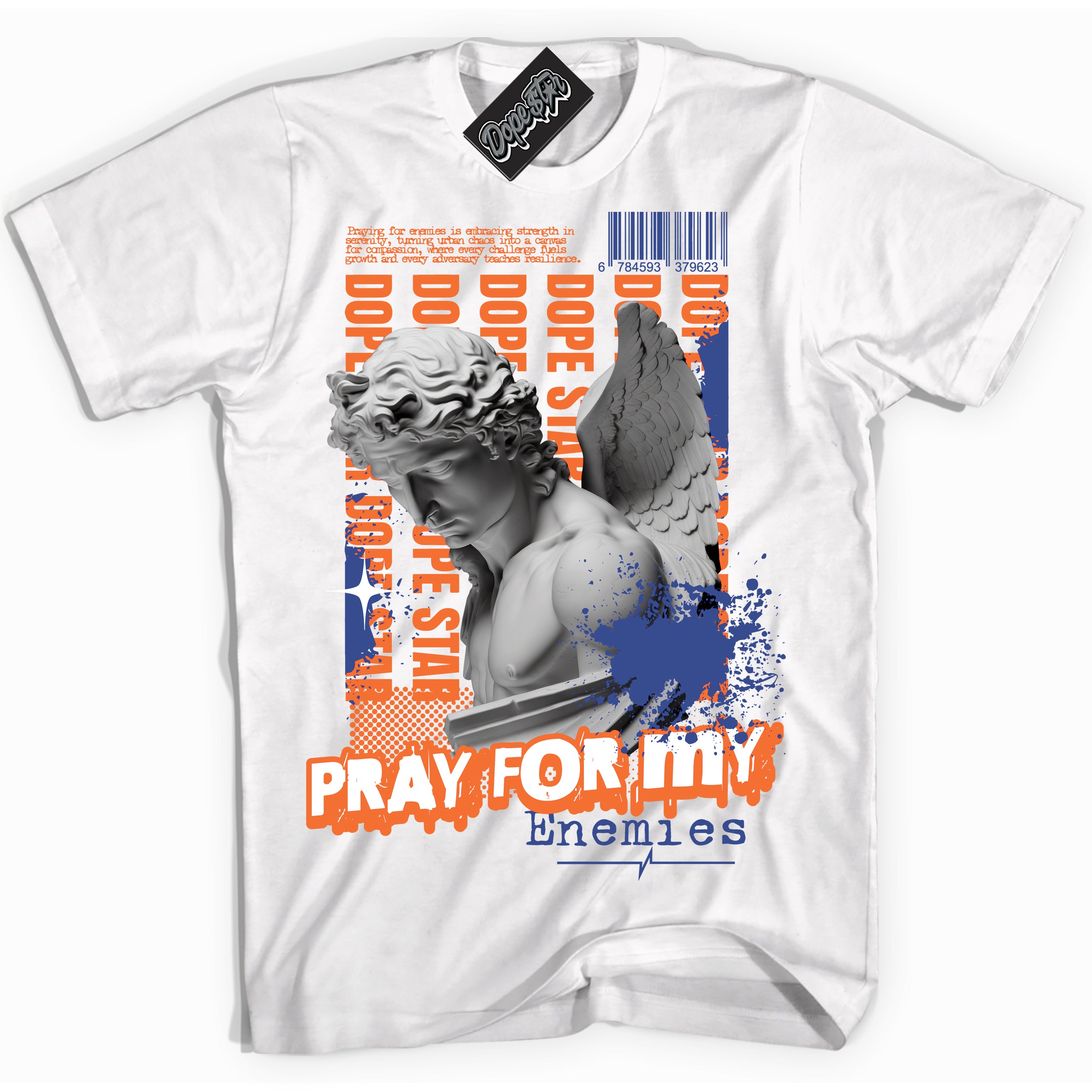 Cool White Shirt with “ Pray Enemies” design that perfectly matches Knicks Sneakers.