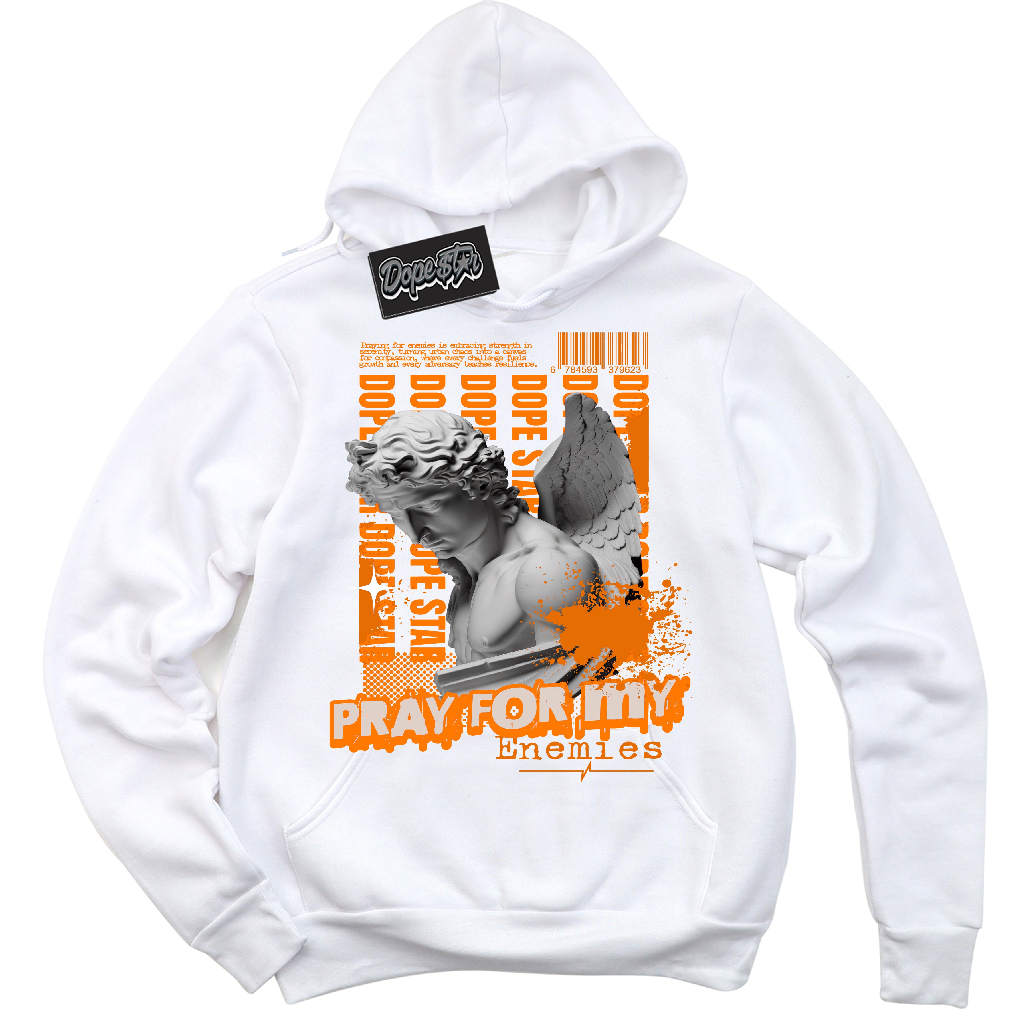 Cool White Hoodie with “ Pray Enemies ”  design that Perfectly Matches Peach Cream Sneakers.