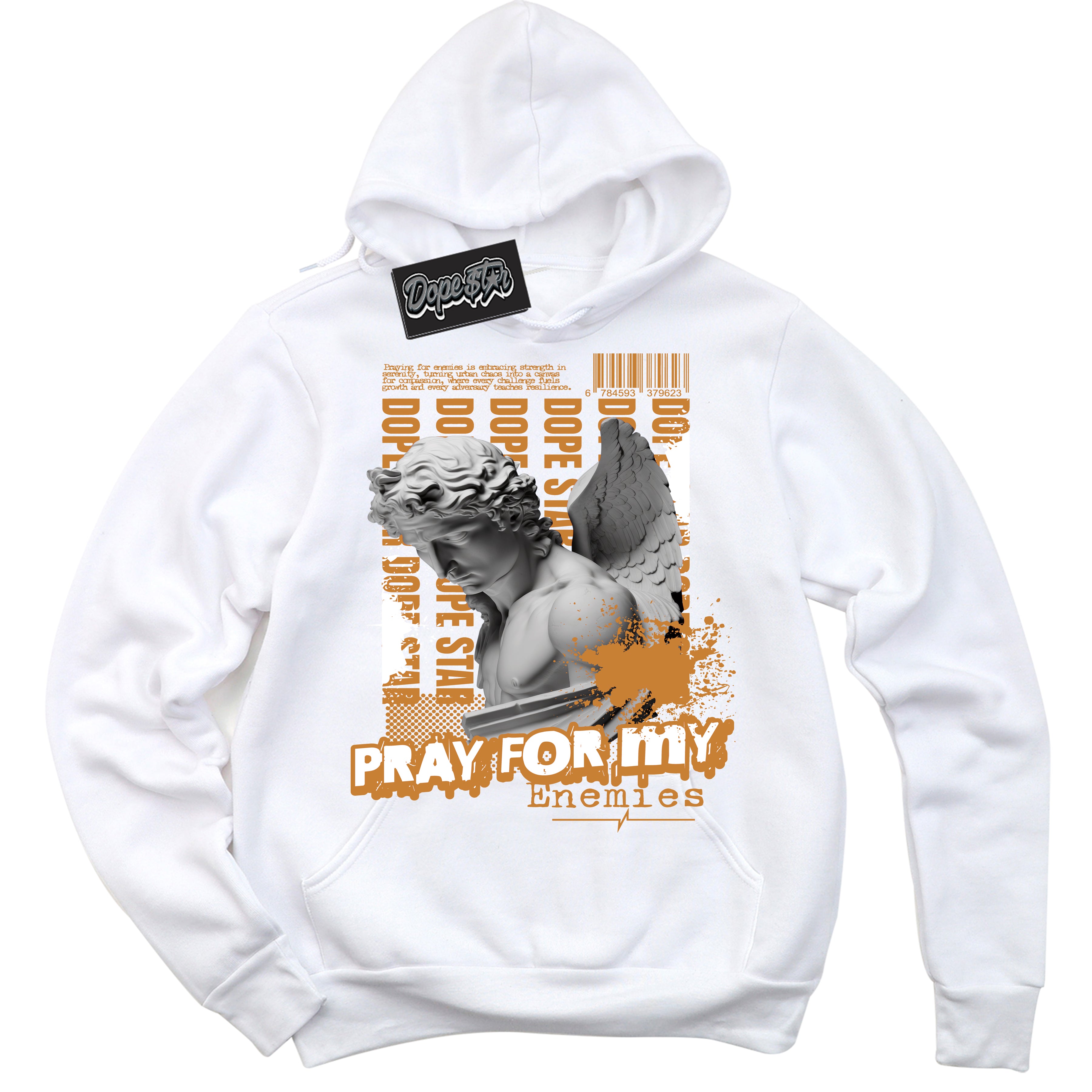 Cool White Hoodie with “ Pray Enemies ”  design that Perfectly Matches Reverse Curry Sneakers.