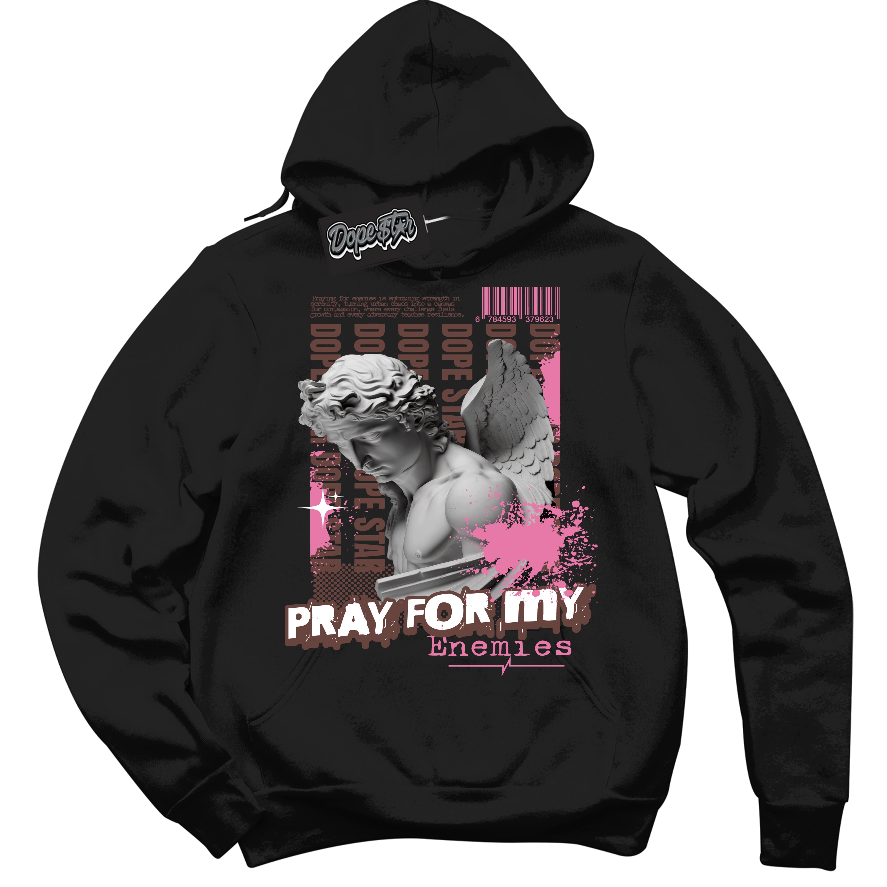 Cool Black Hoodie with “ Pray Enemies ”  design that Perfectly Matches Smokey Mauve Sneakers.