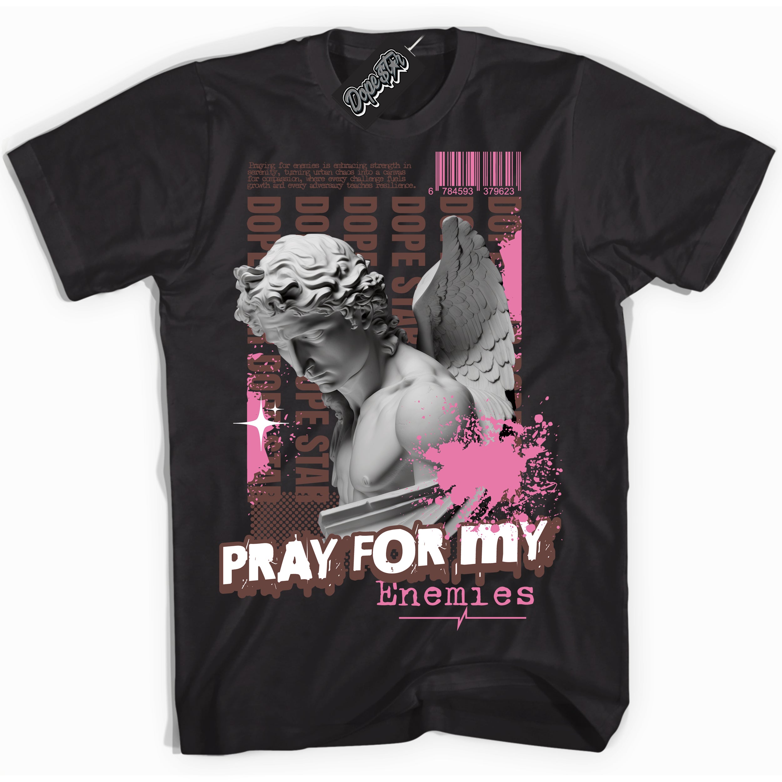 Cool Black Shirt with “ Pray Enemies” design that perfectly matches Smokey Mauve Sneakers.