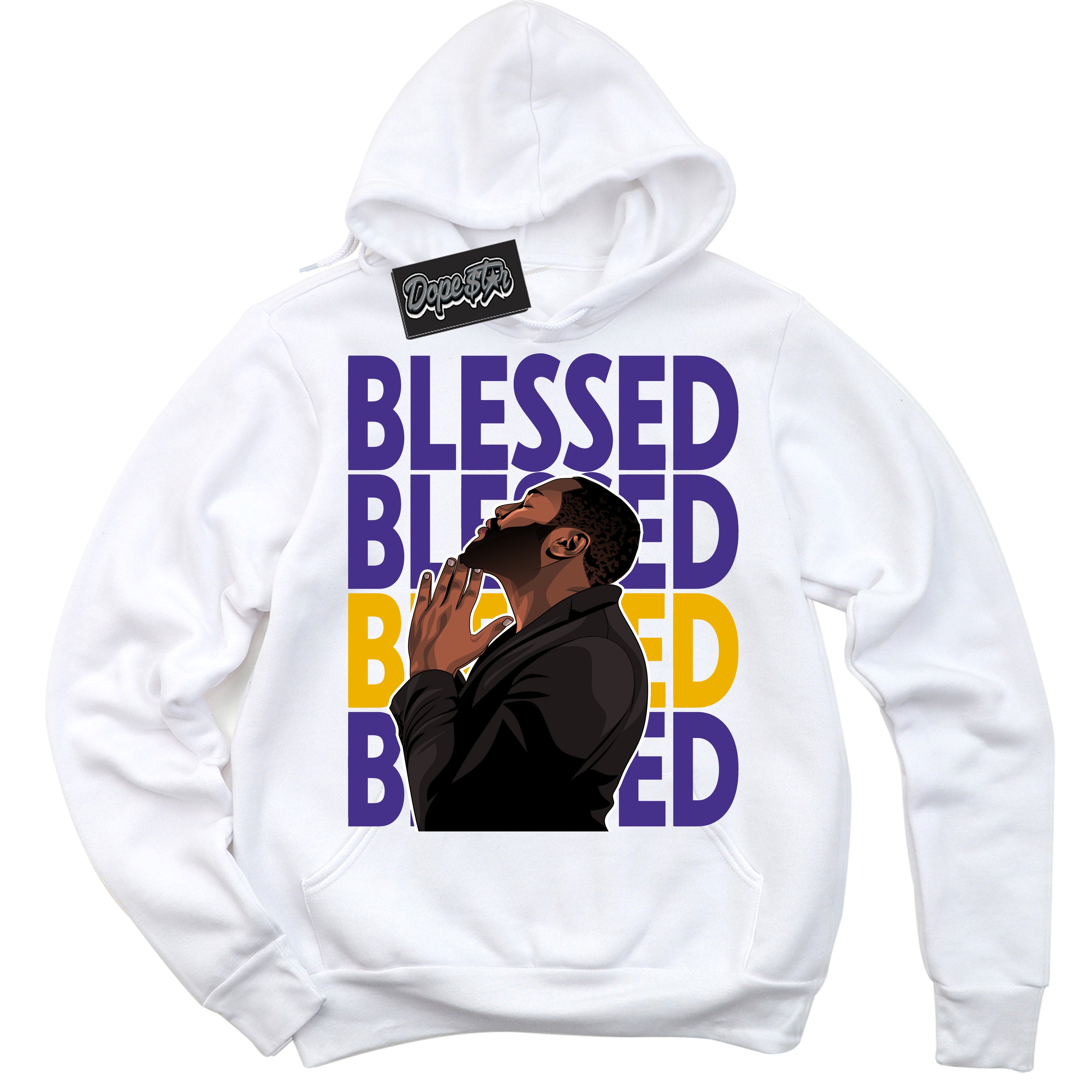 Cool White Hoodie with “God Blessed” design that Perfectly Matches Kobe 8 Protro Lakers Home Sneakers.