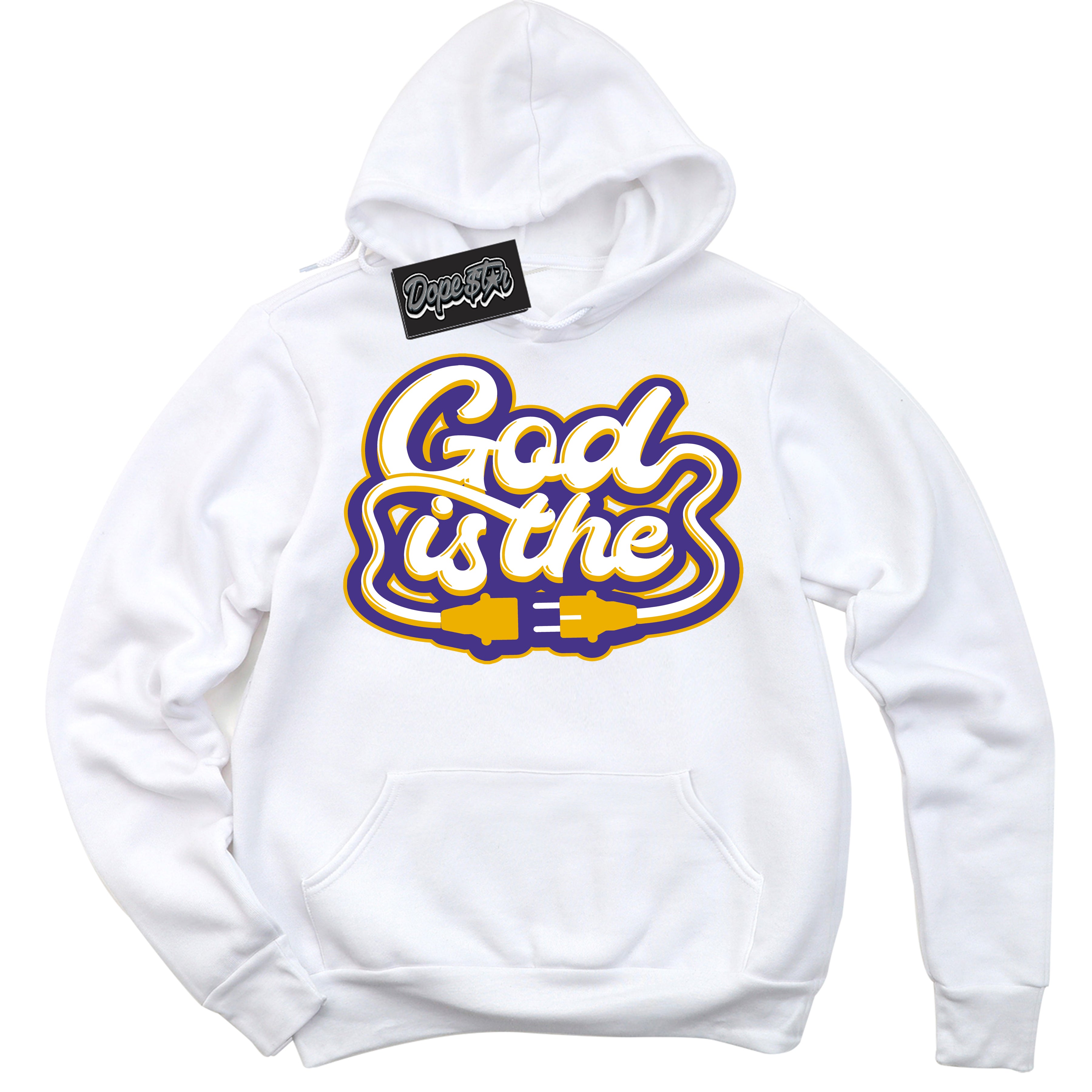 Cool White Hoodie with “God Is The” design that Perfectly Matches Kobe 8 Protro Lakers Home Sneakers.