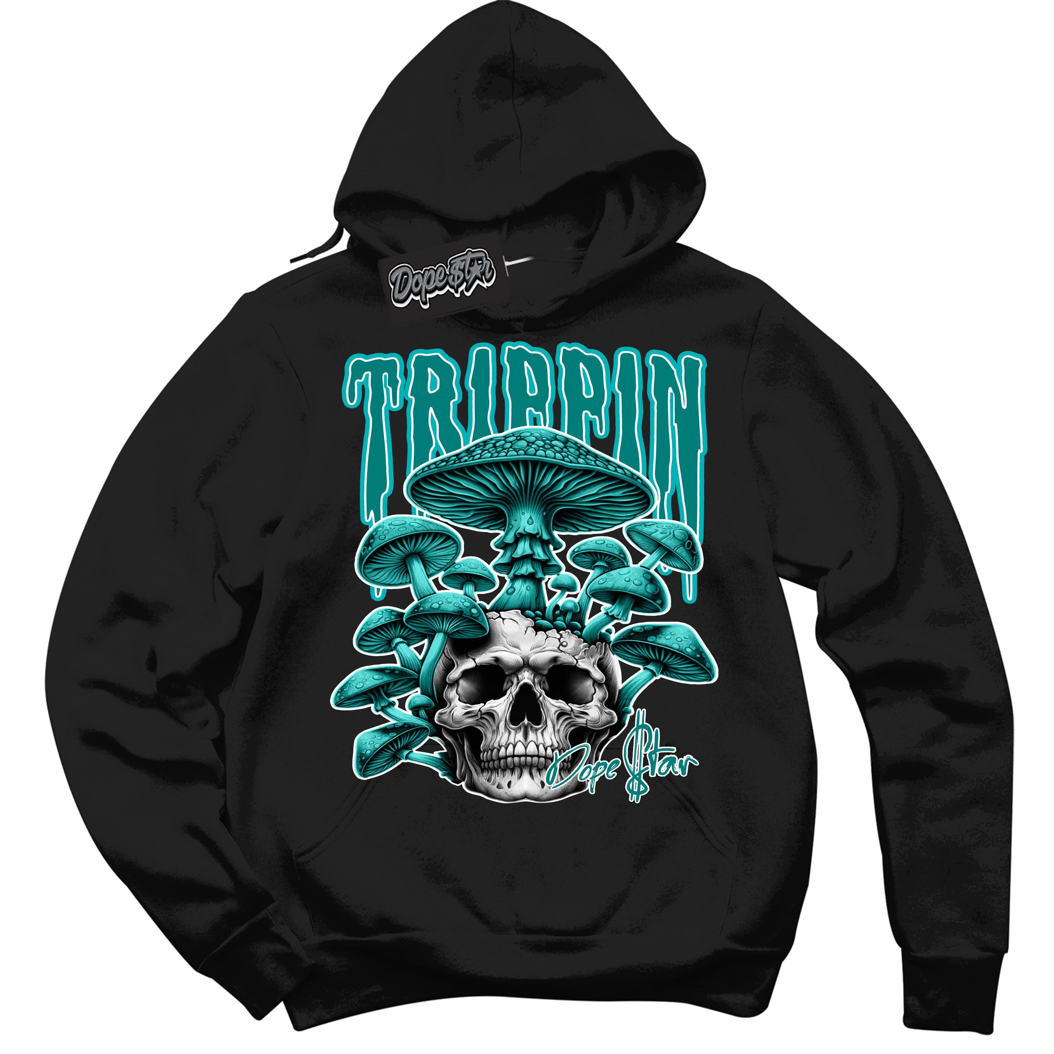 Cool Black Hoodie with “Trippin” design that Perfectly Matches Protro Radiant Emerald 8s Sneakers.