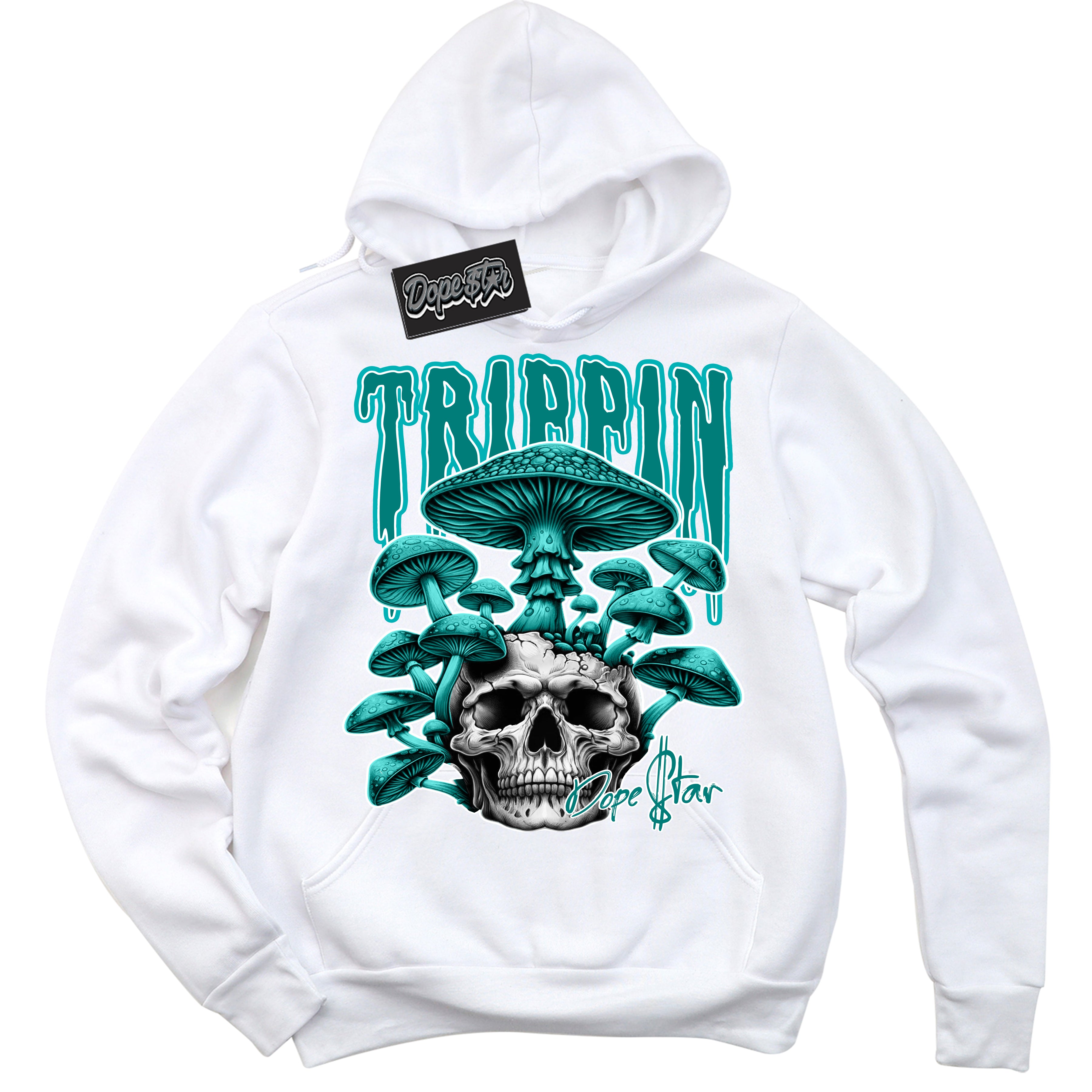 Cool White Hoodie with “Trippin” design that Perfectly Matches Protro Radiant Emerald 8s Sneakers.