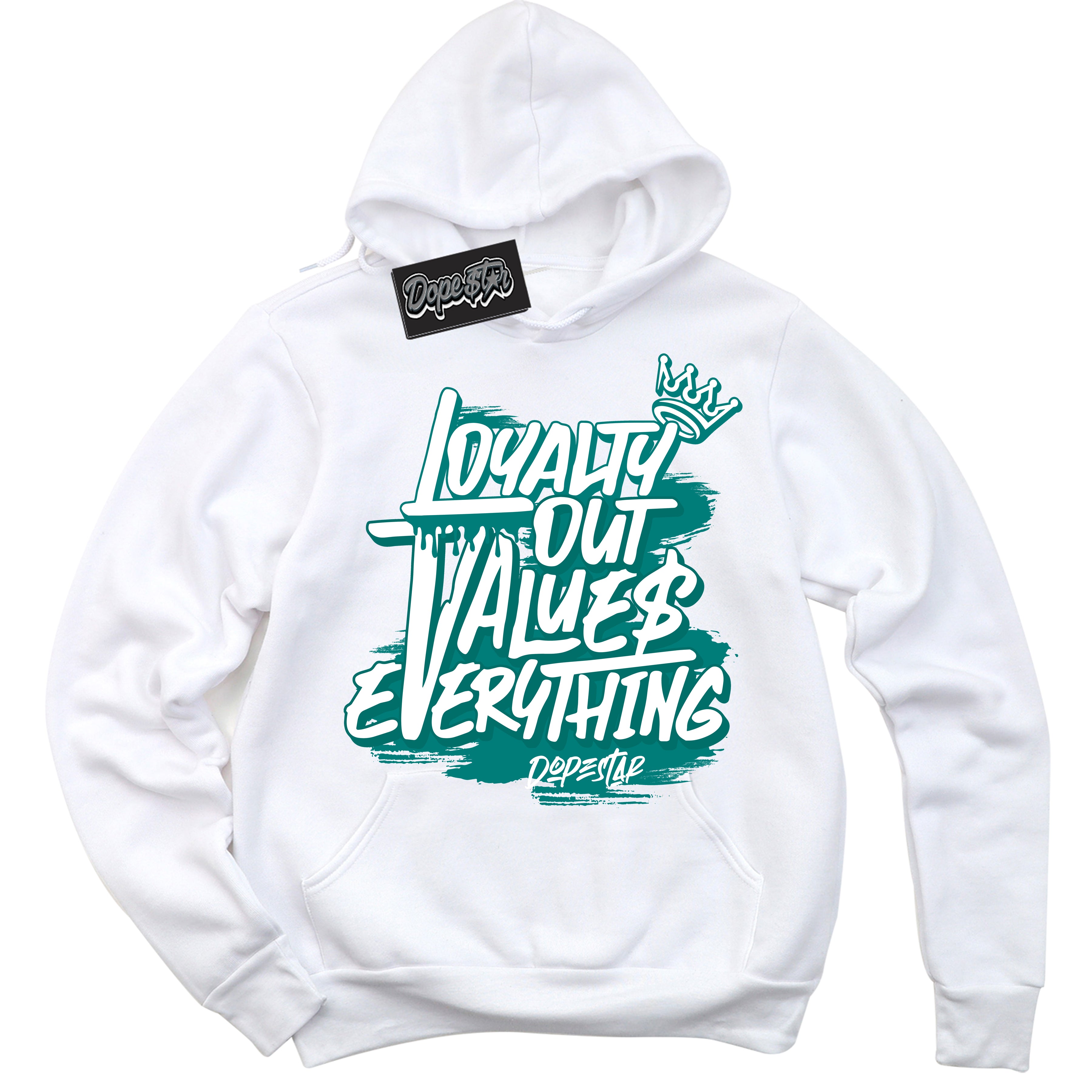 Cool White Hoodie with “ Loyalty Out Values Everything ”  design that Perfectly Matches Protro Radiant Emerald 8s Sneakers.