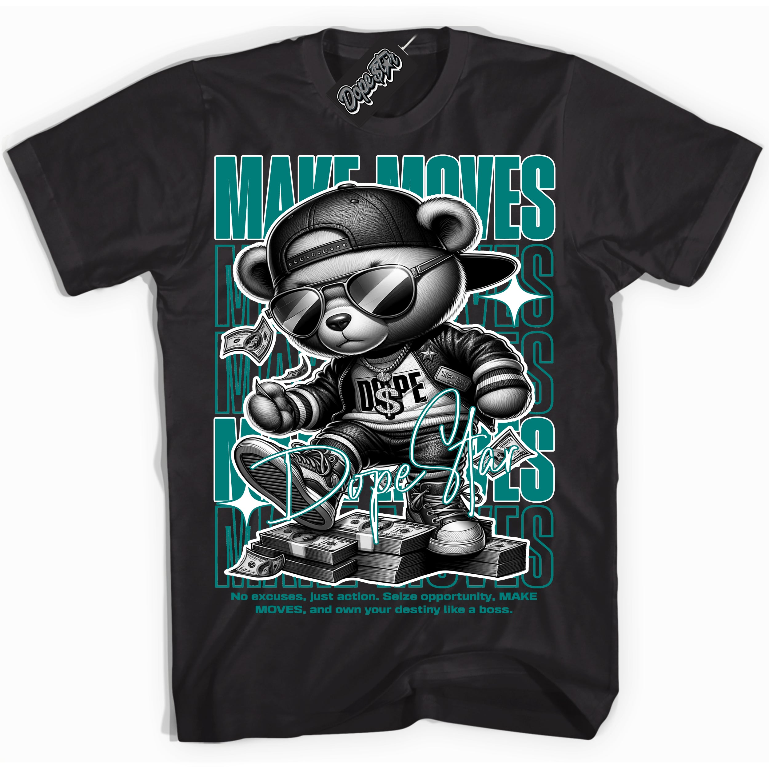 Cool Black Shirt with “ Makin Moves” design that perfectly matches Protro Radiant Emerald 8s Sneakers.