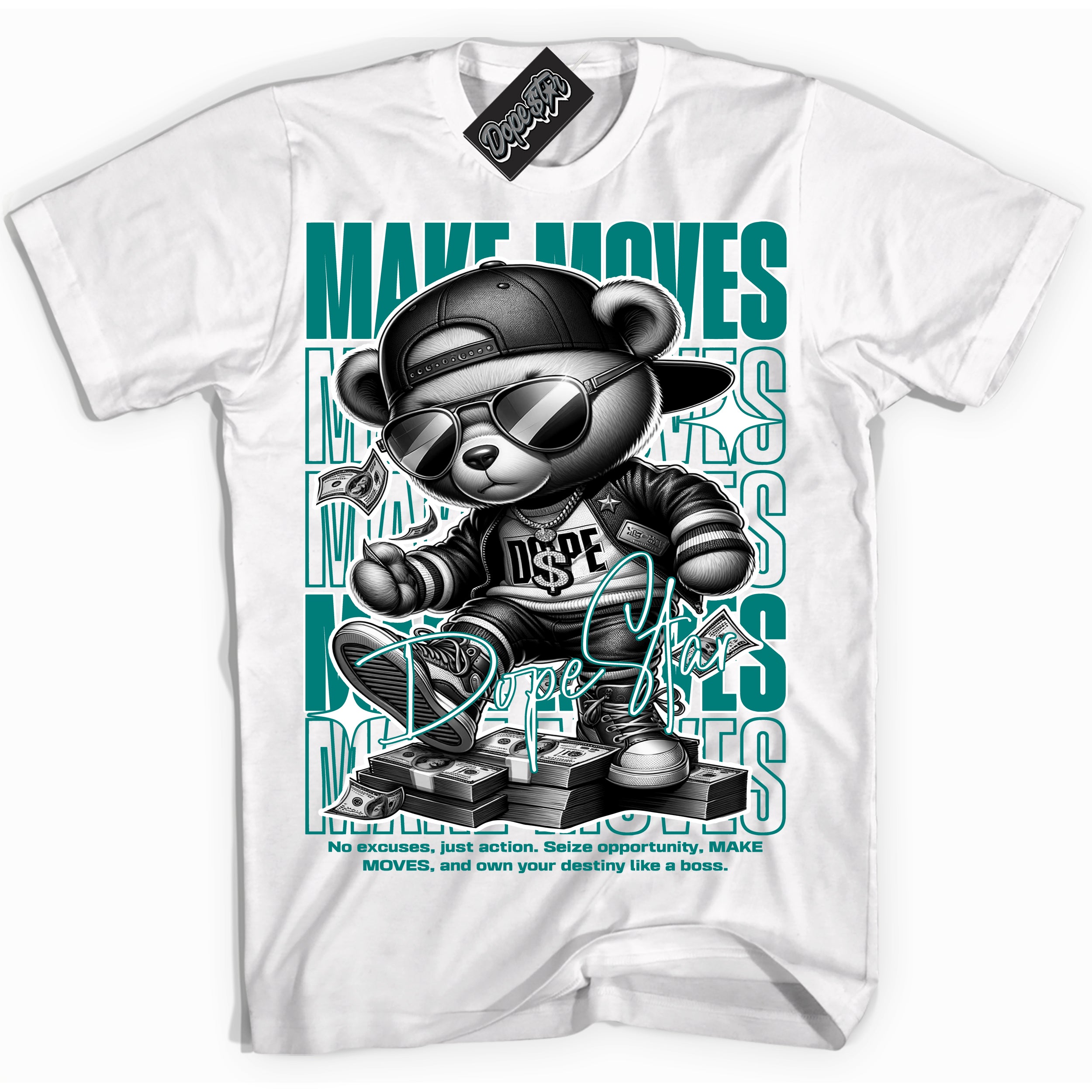 Cool White Shirt with “ Makin Moves” design that perfectly matches Protro Radiant Emerald 8s Sneakers.