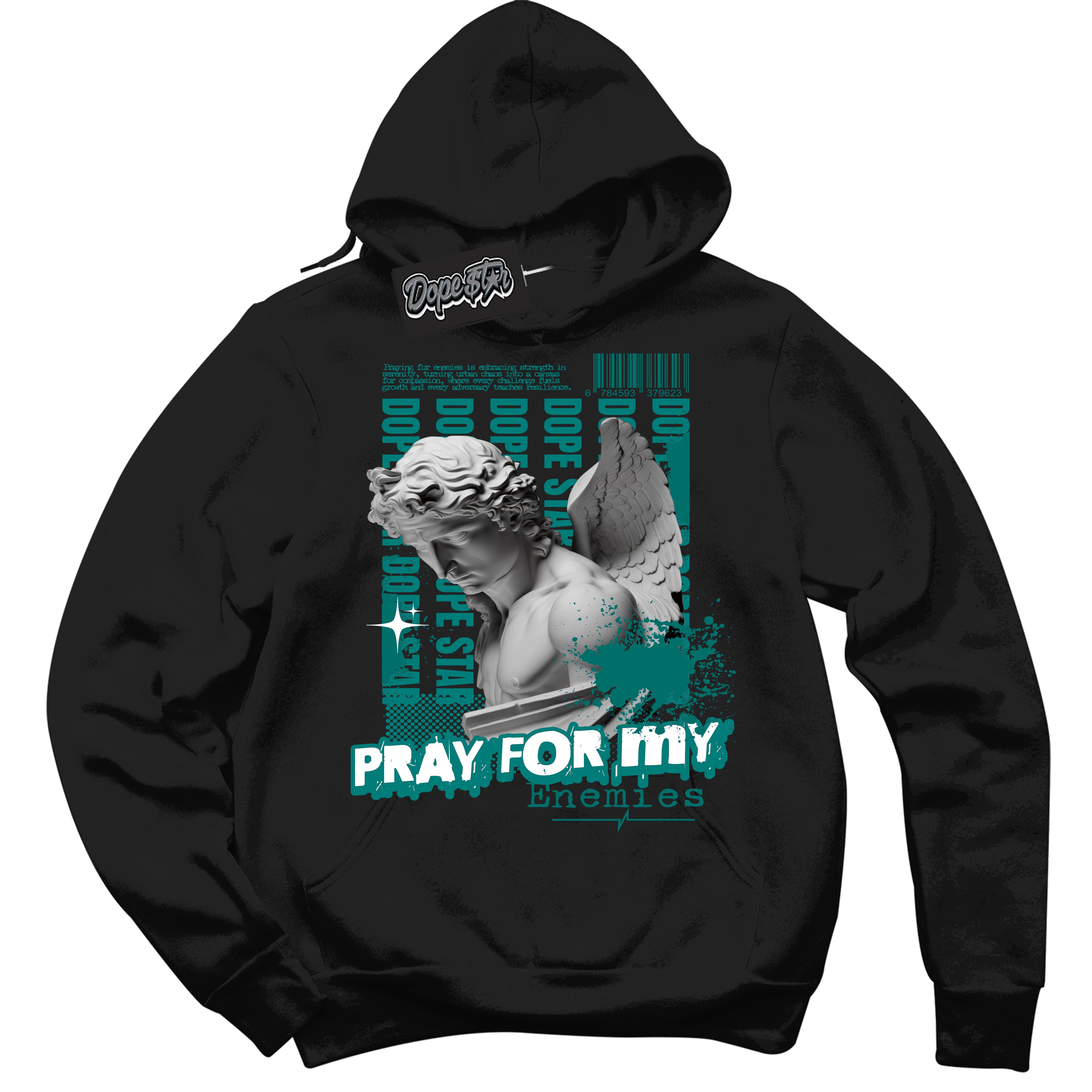 Cool Black Hoodie with “ Pray Enemies ”  design that Perfectly Matches Protro Radiant Emerald 8s Sneakers.