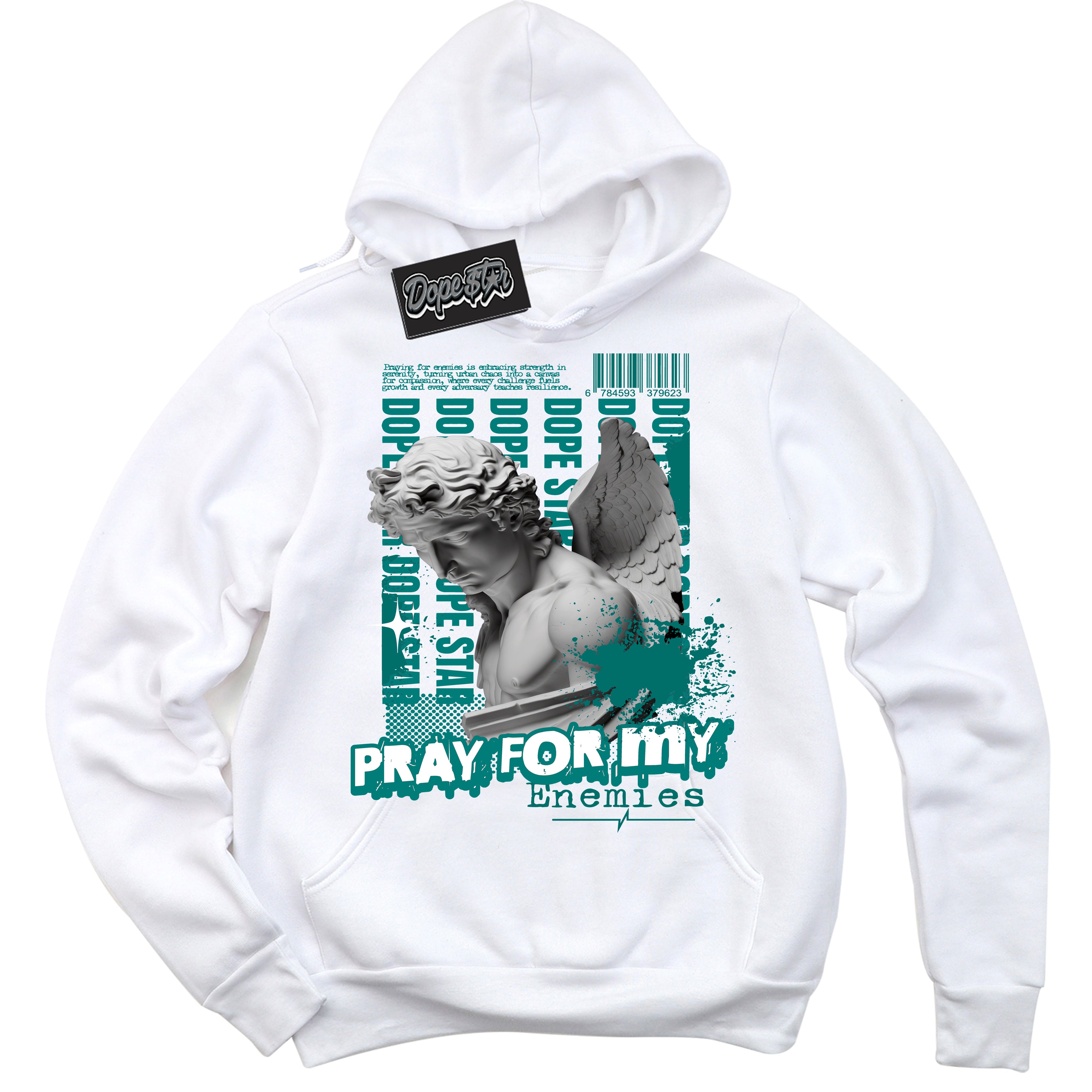 Cool White Hoodie with “ Pray Enemies ”  design that Perfectly Matches Protro Radiant Emerald 8s Sneakers.