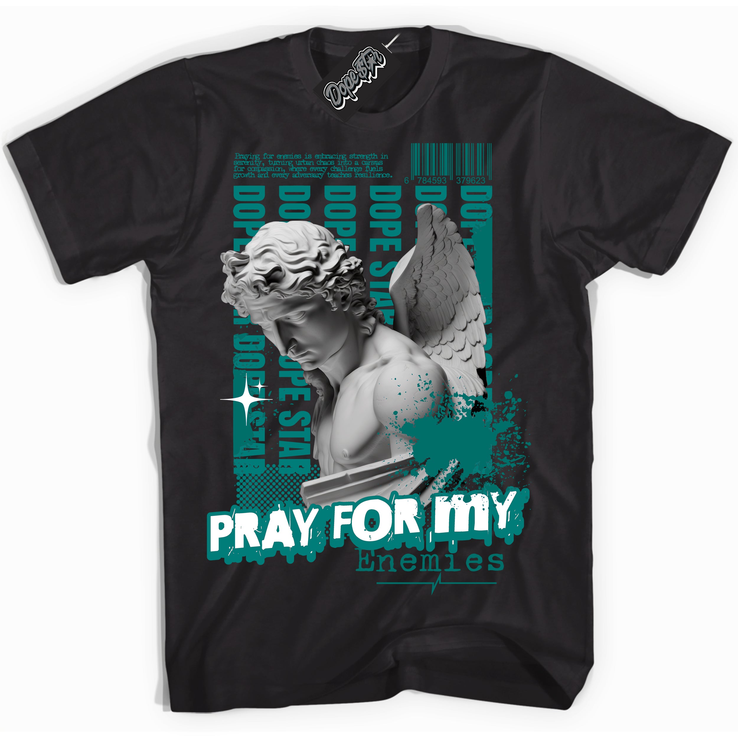 Cool Black Shirt with “ Pray Enemies” design that perfectly matches Protro Radiant Emerald 8s Sneakers.