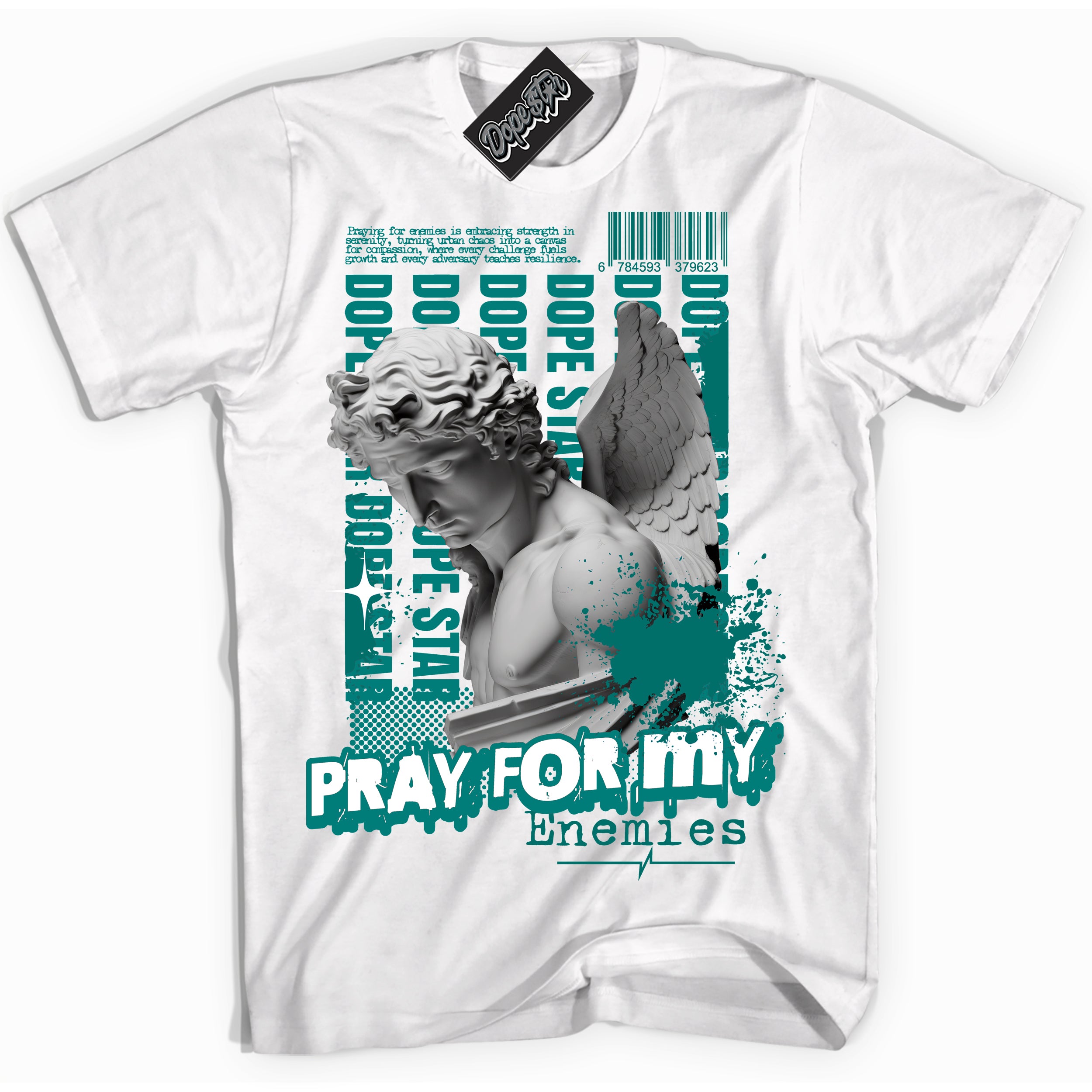 Cool White Shirt with “ Pray Enemies” design that perfectly matches Protro Radiant Emerald 8s Sneakers.