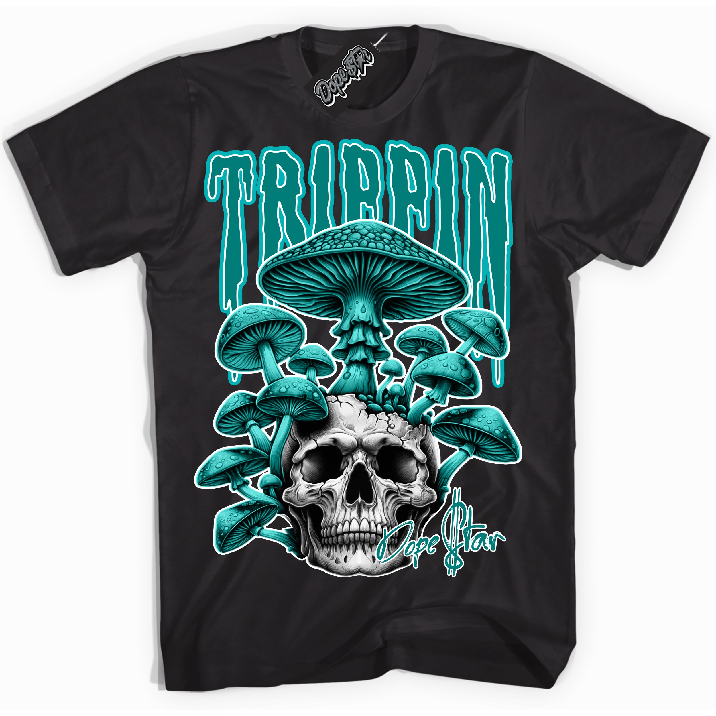 Cool Black Shirt with “Trippin” design that perfectly matches the Protro Radiant Emerald 8s Sneakers.