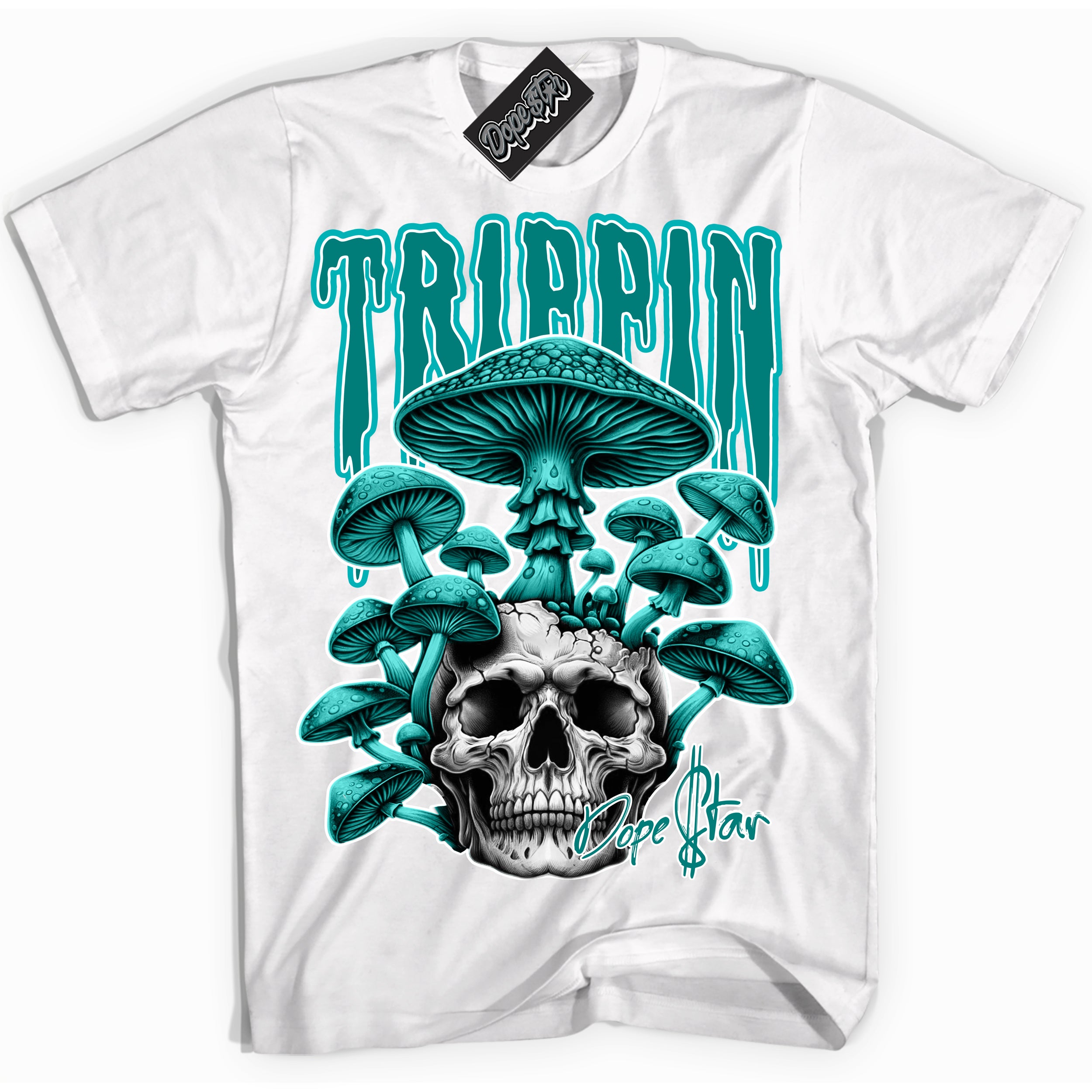 Cool White Shirt with “Trippin” design that perfectly matches the Protro Radiant Emerald 8s Sneakers.