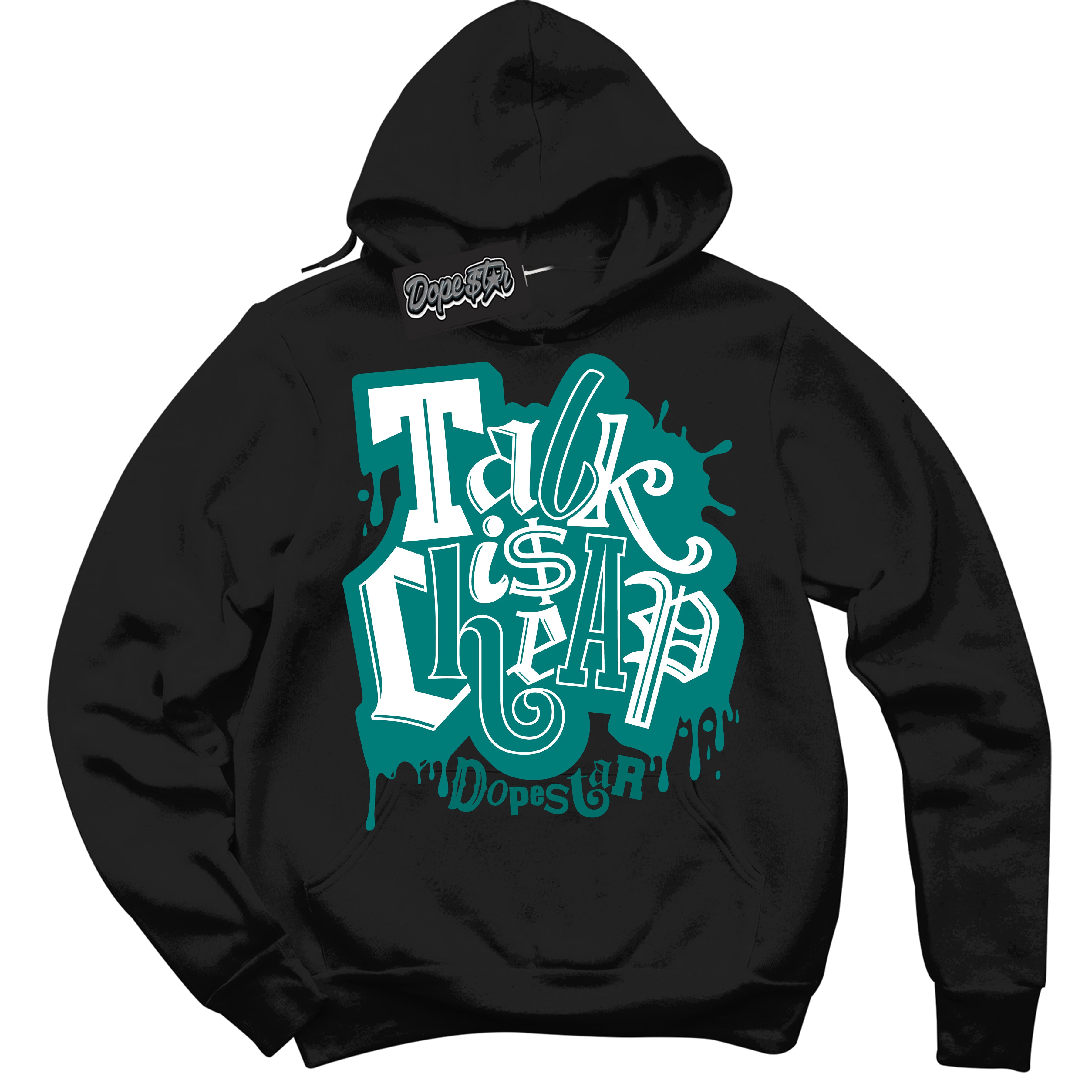 Cool Black Hoodie with “ Talk Is Cheap ”  design that Perfectly Matches Protro Radiant Emerald 8s Sneakers.