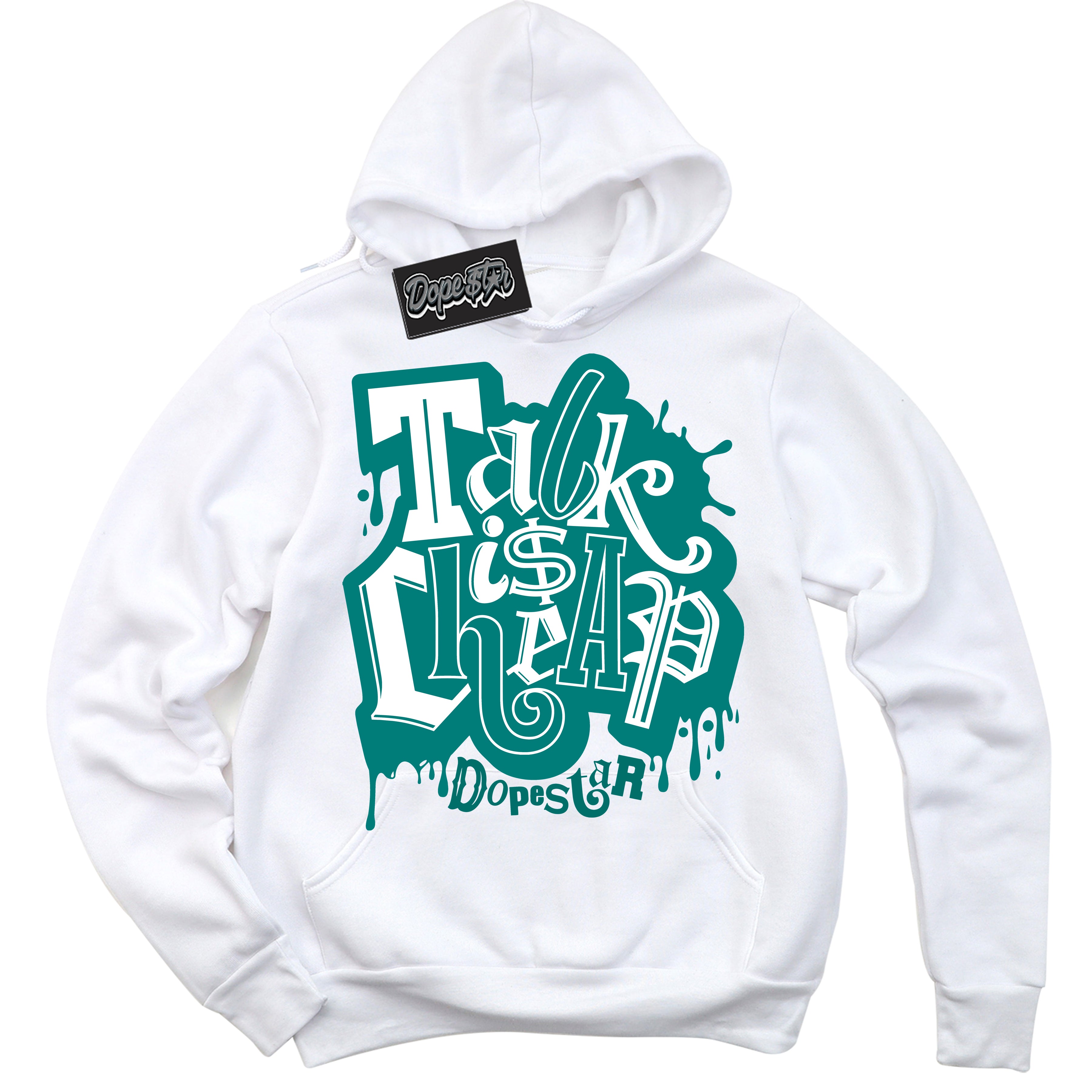 Cool White Hoodie with “ Talk Is Cheap ”  design that Perfectly Matches Protro Radiant Emerald 8s Sneakers.