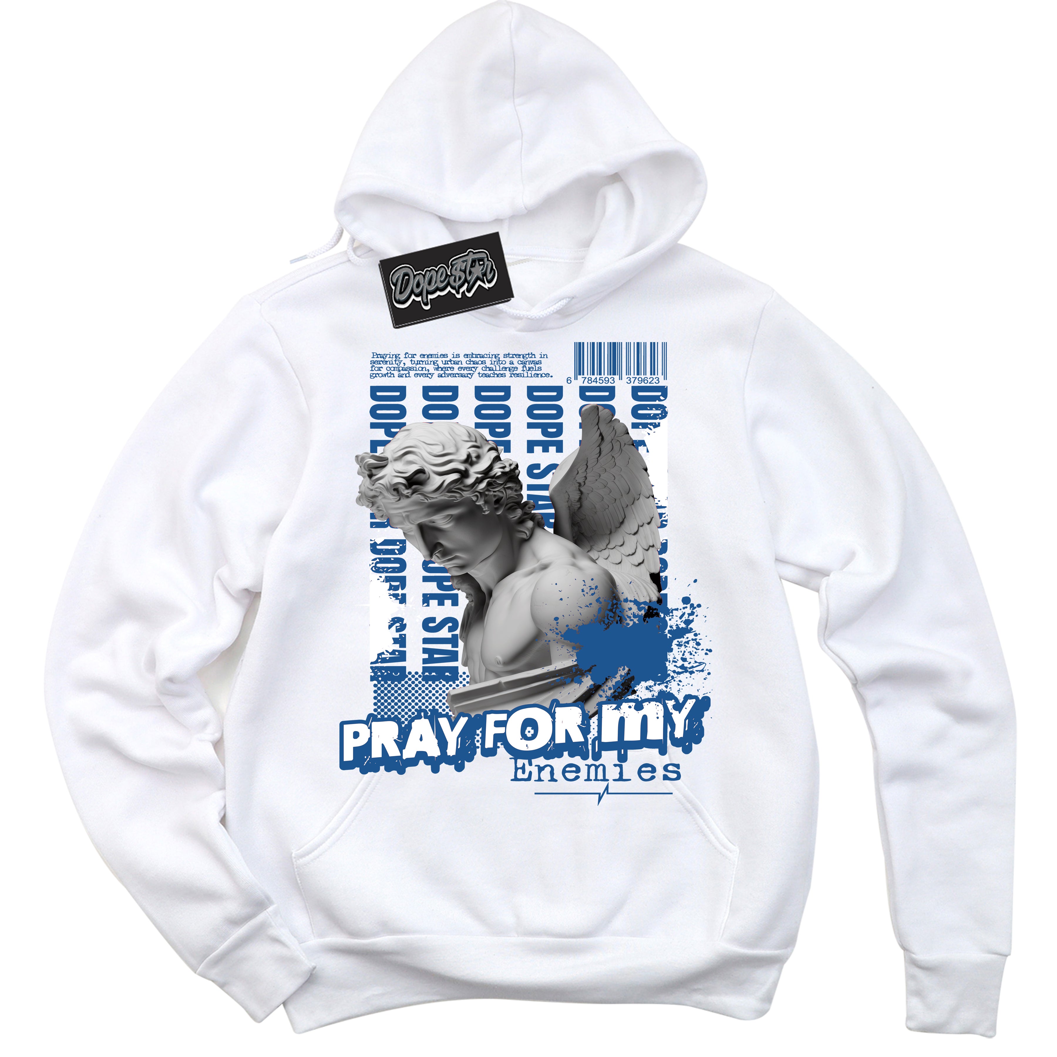 Cool White Hoodie with “ Pray Enemies ”  design that Perfectly Matches Born X Raised One Block At A Time Sneakers.