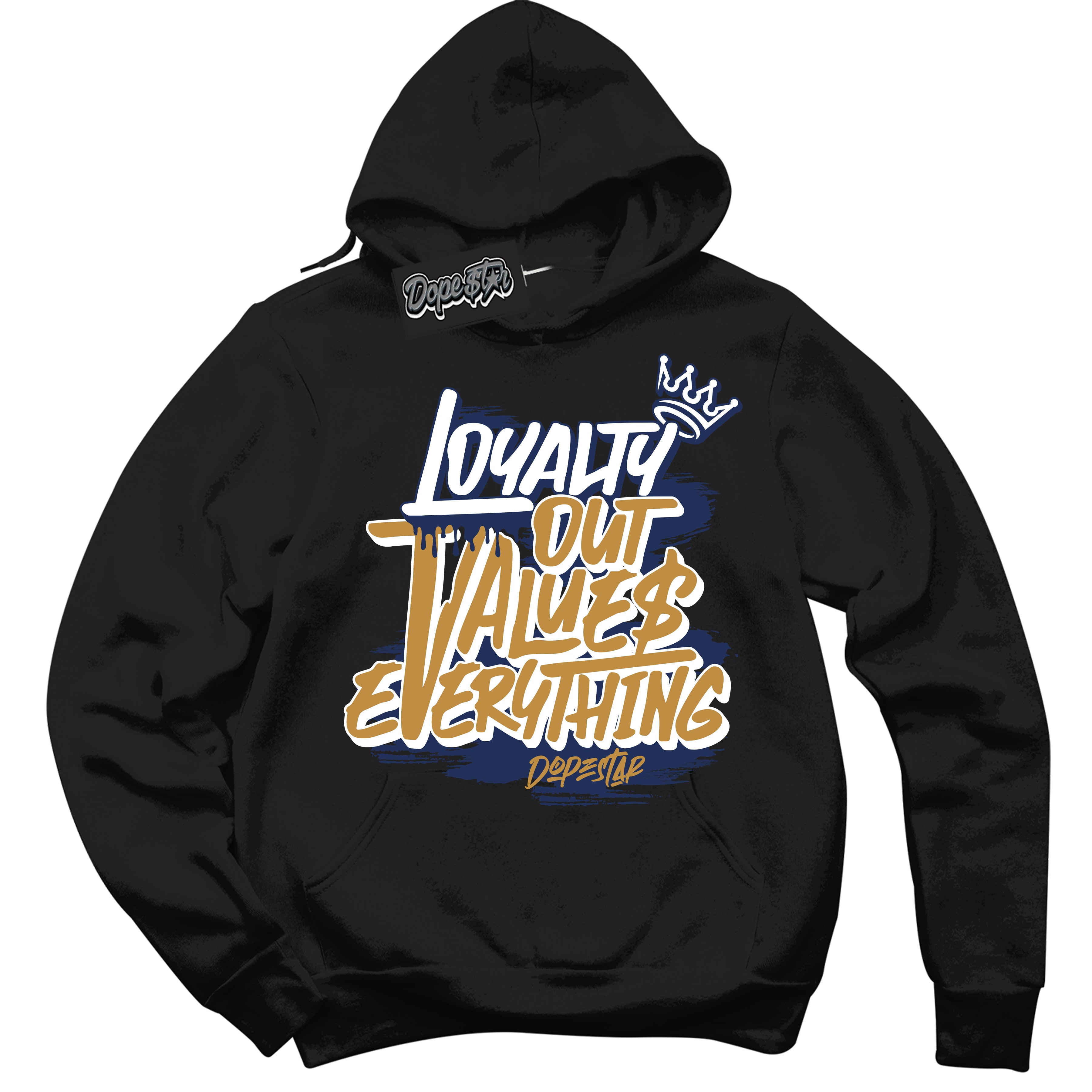 Cool Black Hoodie with “ Loyalty Out Values Everything ”  design that Perfectly Matches  Orange Label Navy Gum Sneakers.