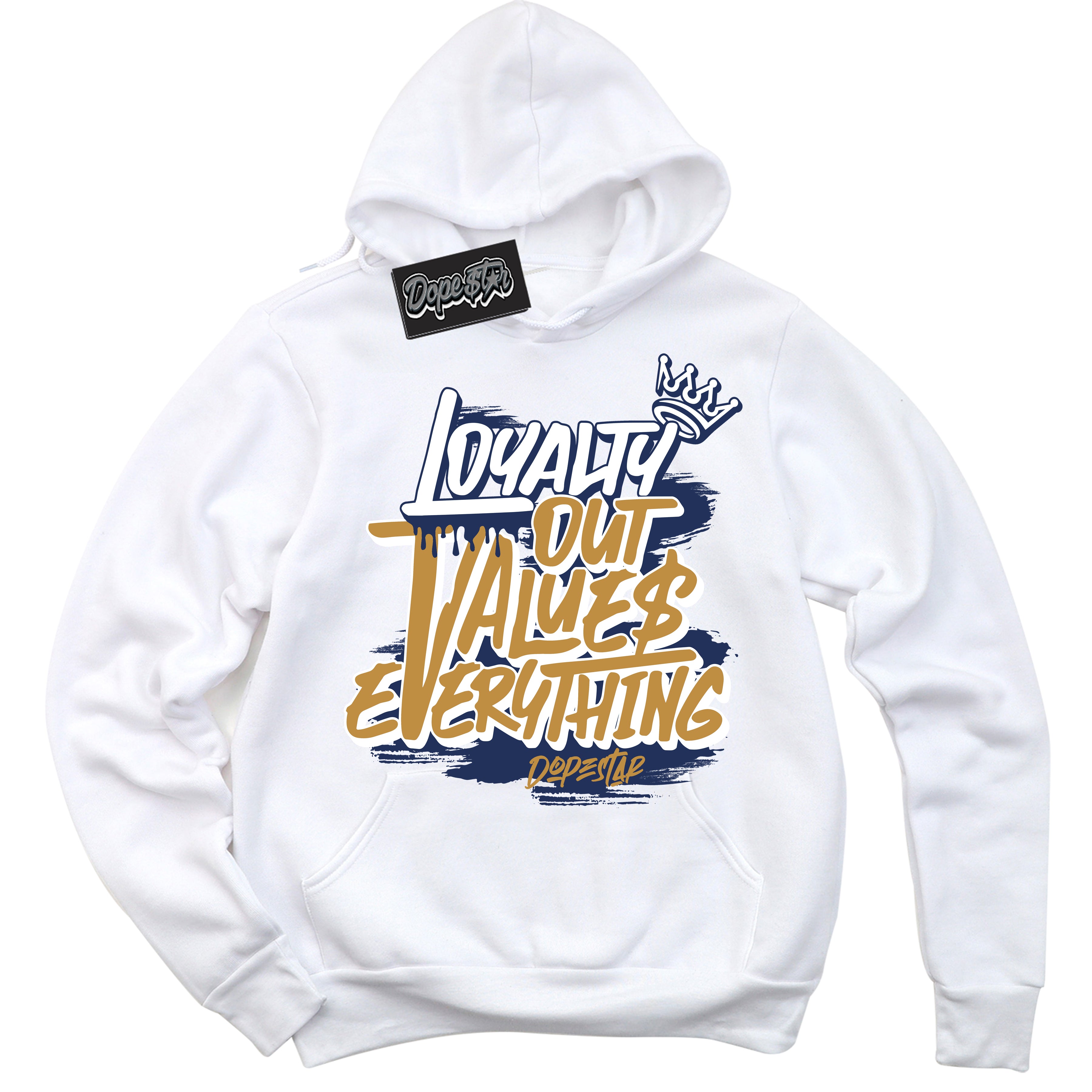Cool White Hoodie with “ Loyalty Out Values Everything ”  design that Perfectly Matches Orange Label Navy Gum Sneakers.