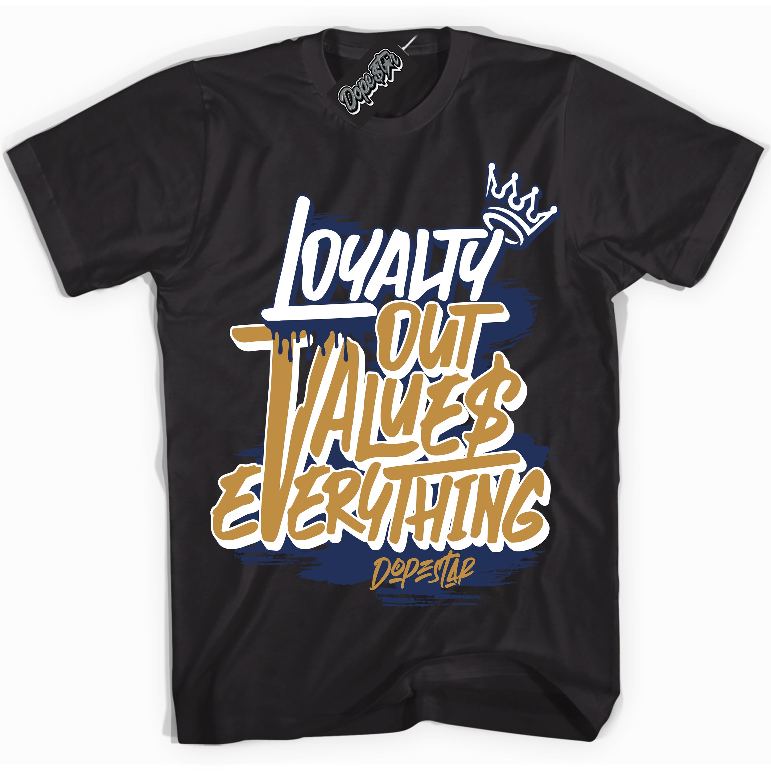 Cool Black Shirt with “ Loyalty Out Values Everything” design that perfectly matches Orange Label Navy Gum Sneakers.