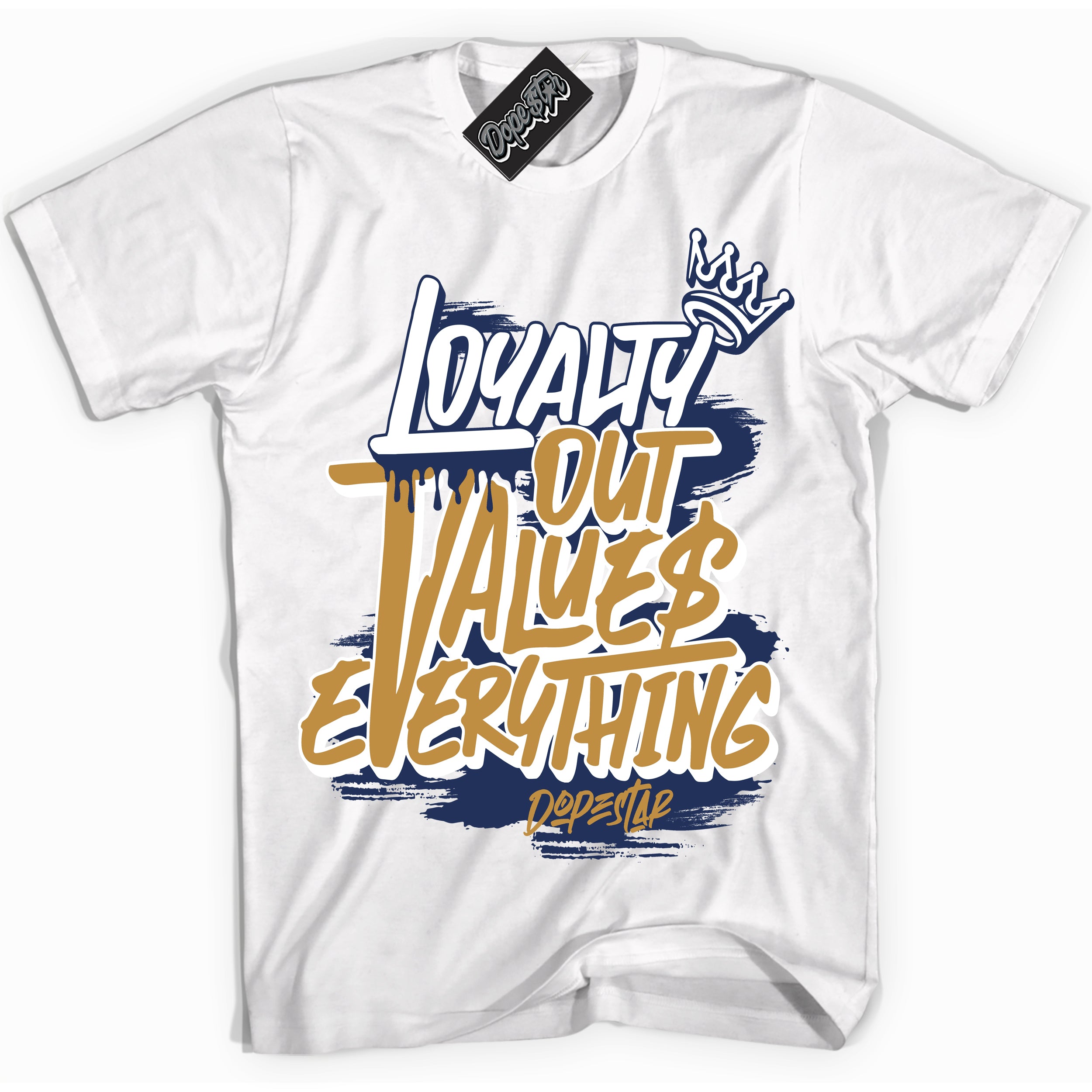 Cool White Shirt with “ Loyalty Out Values Everything” design that perfectly matches Orange Label Navy Gum Sneakers.