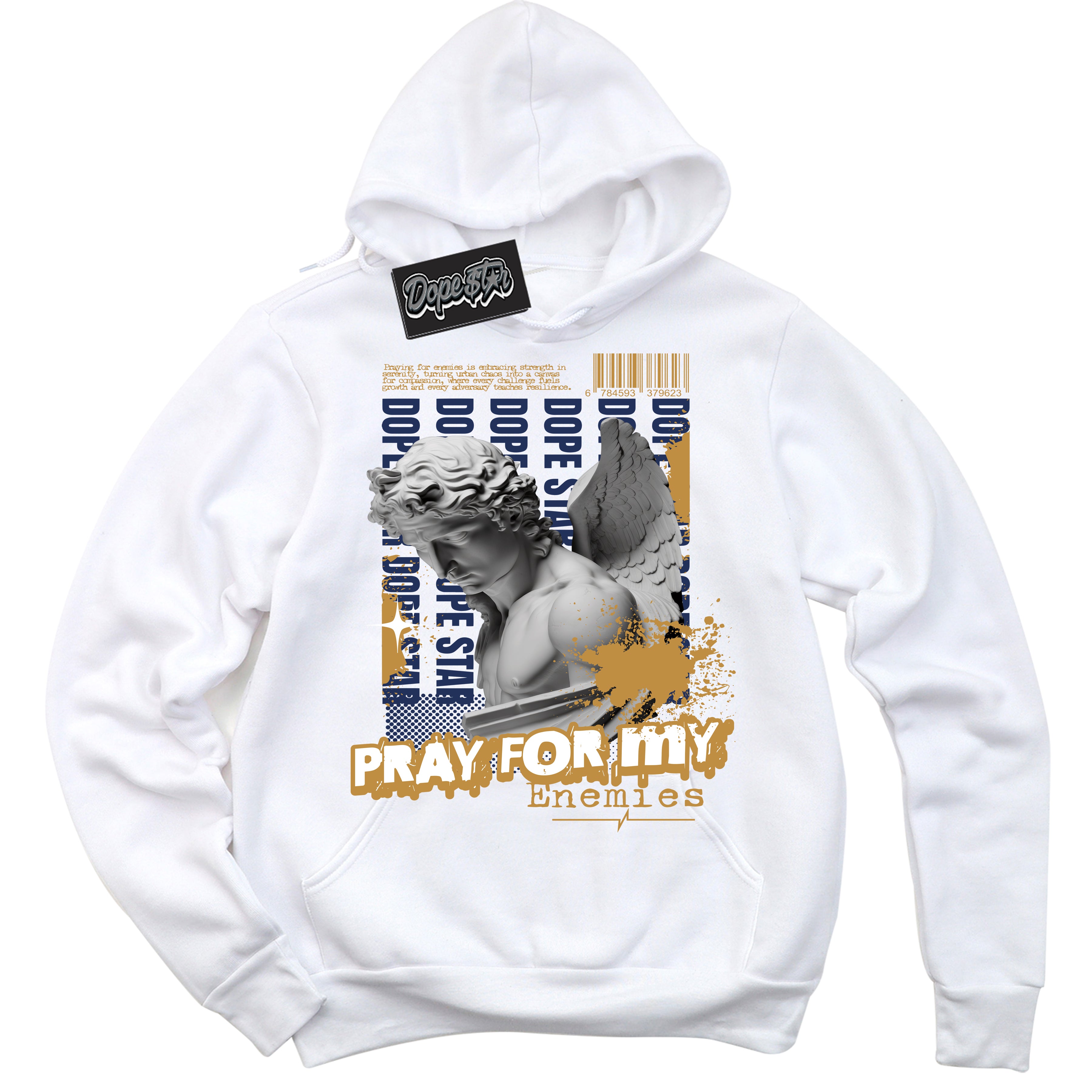 Cool White Hoodie with “ Pray Enemies ”  design that Perfectly Matches Orange Label Navy Gum Sneakers.