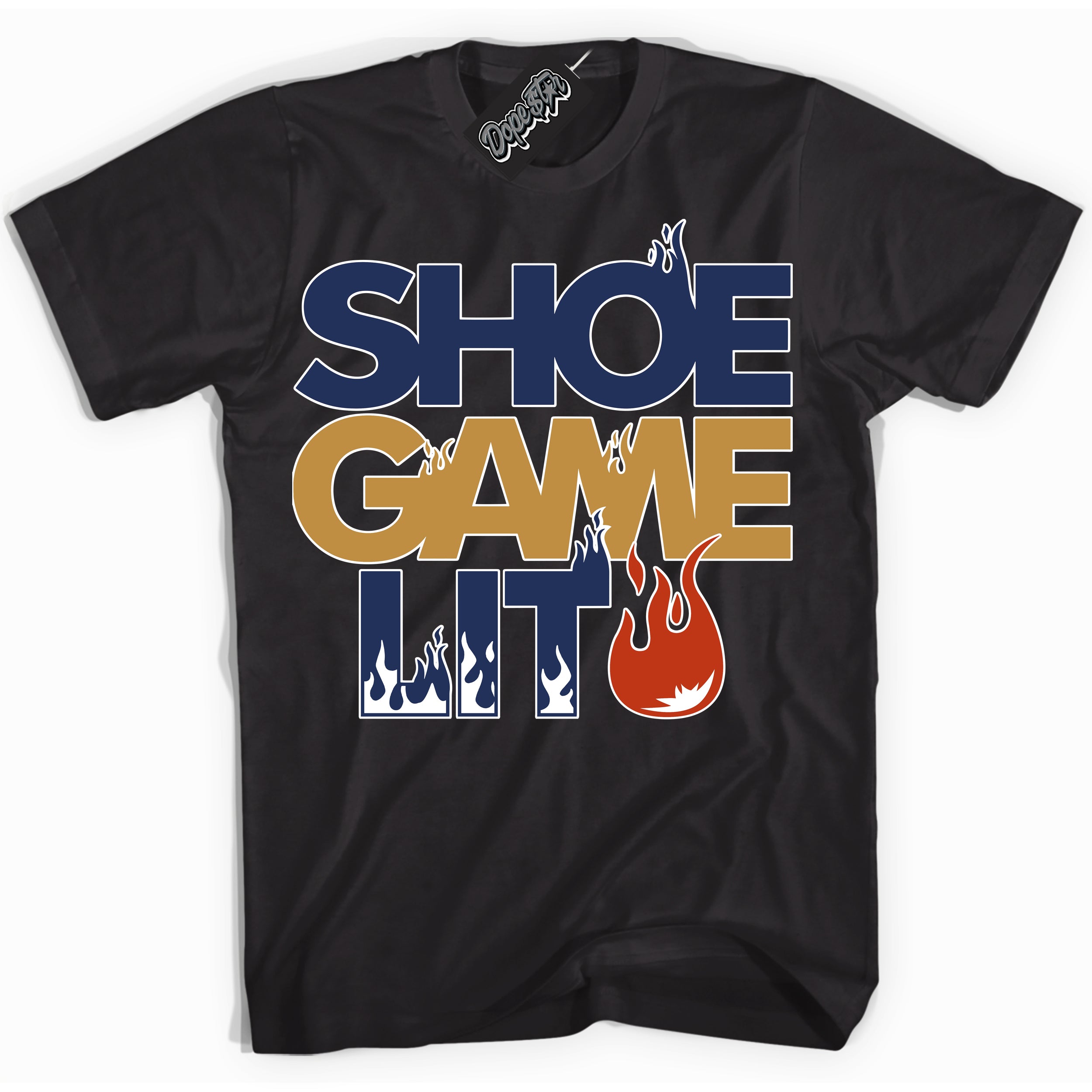 Cool Black Shirt with “ Shoe Game Lit ” design that perfectly matches Orange Label Navy Gum Sneakers.