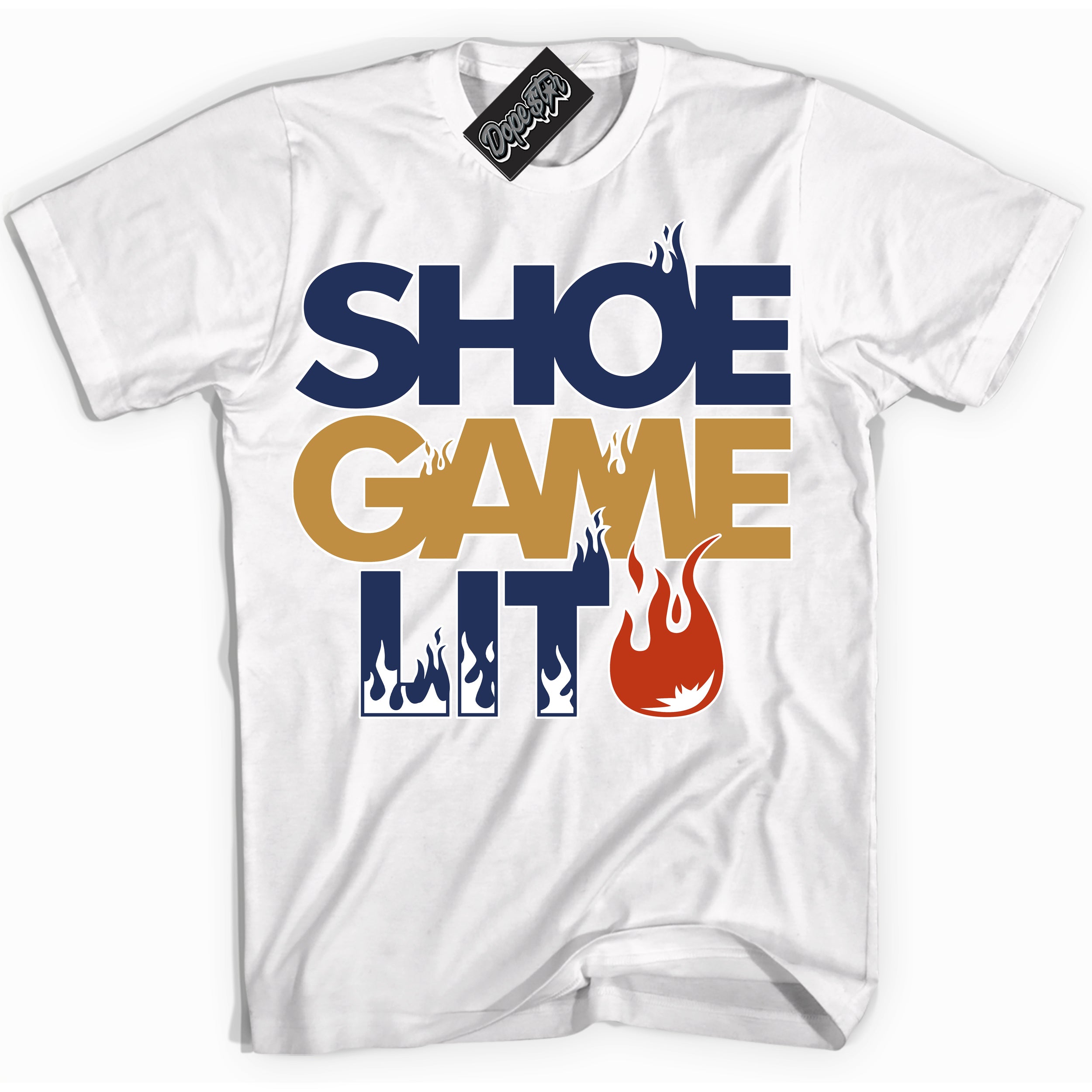 Cool White Shirt with “ Shoe Game Lit ” design that perfectly matches Orange Label Navy Gum Sneakers.