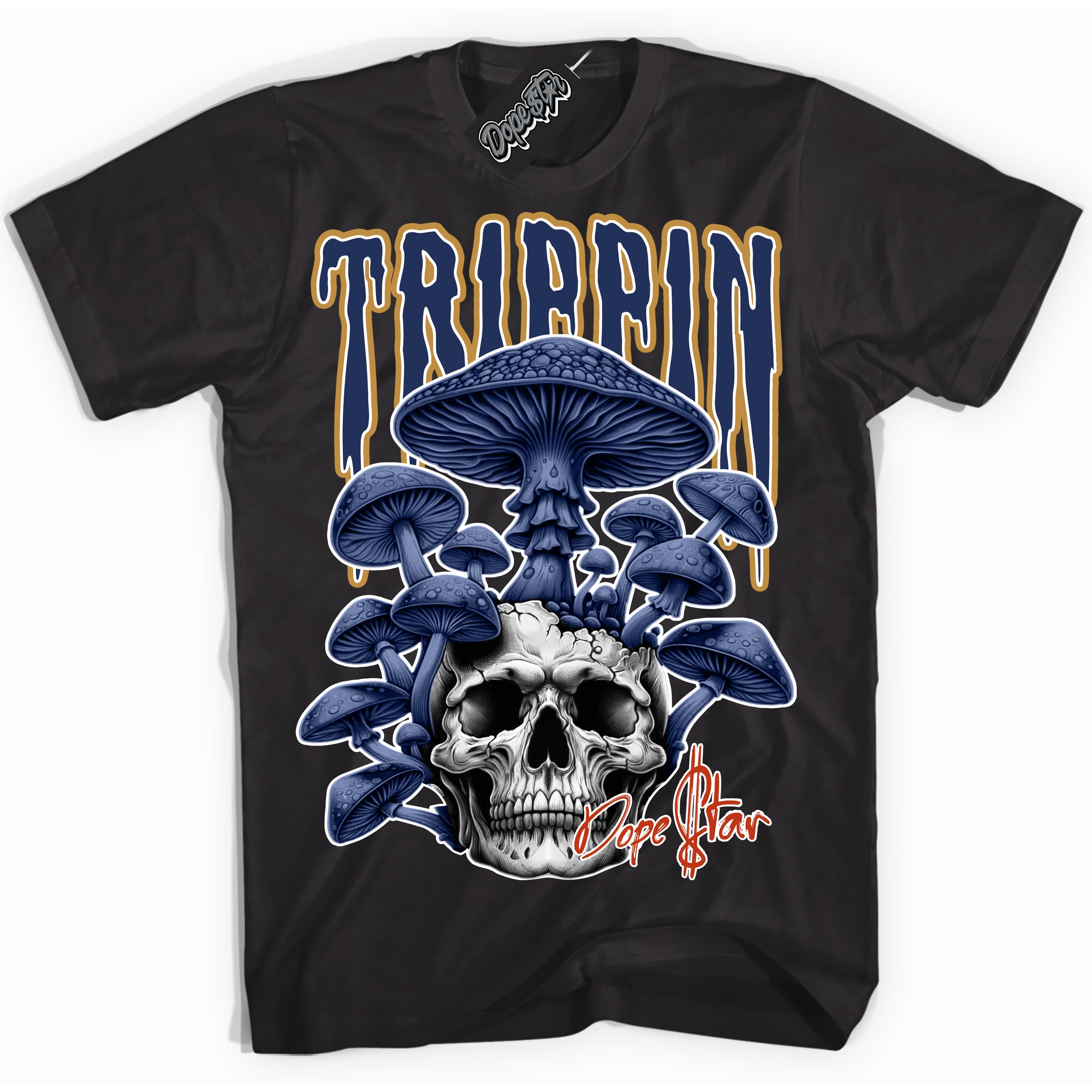 Cool Black Shirt with “Trippin” design that perfectly matches the Orange Label Navy Gum Dunk Sneakers.