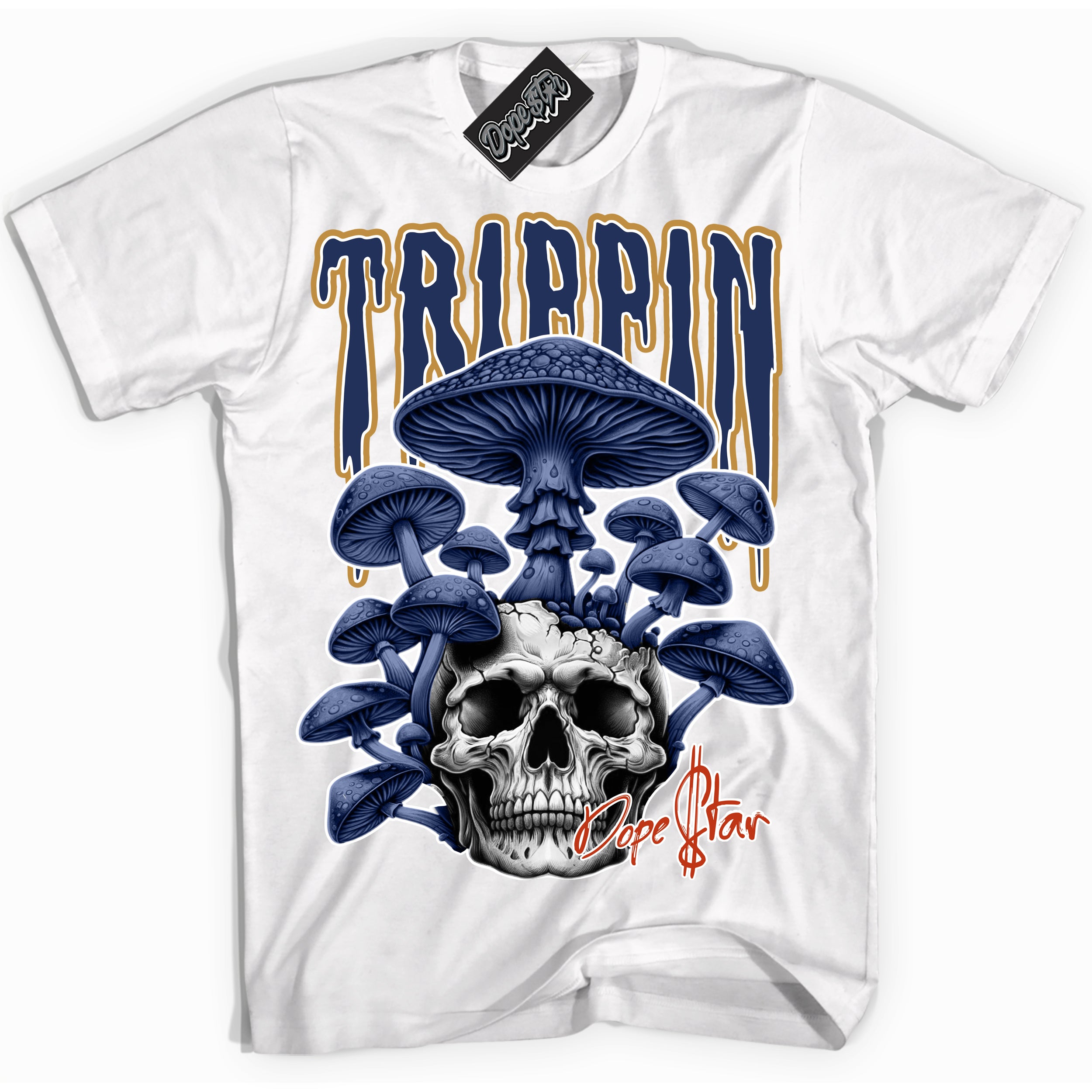 Cool White Shirt with “Trippin” design that perfectly matches the Orange Label Navy Gum Dunk Sneakers.