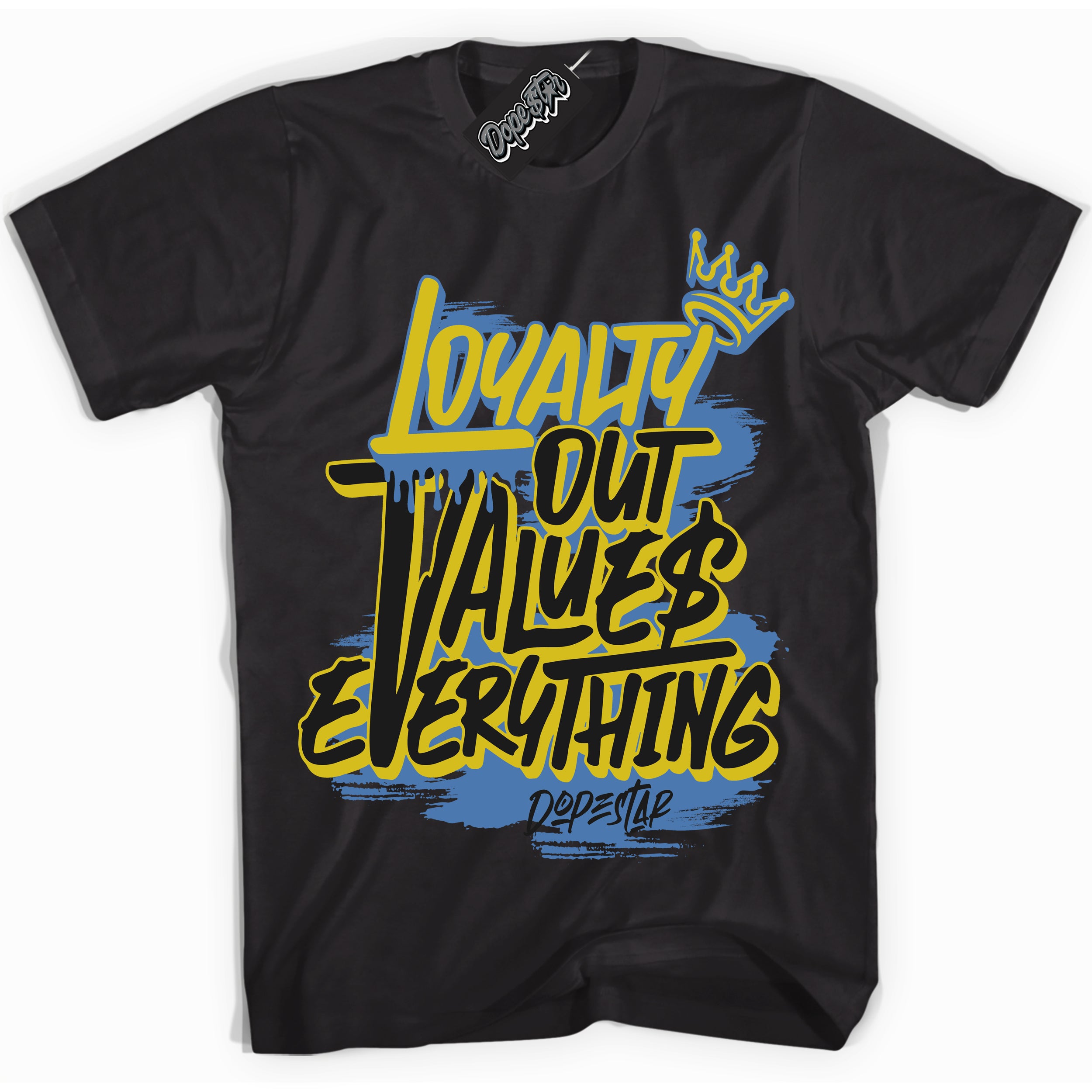 Cool Black Shirt with “ Loyalty Out Values Everything” design that perfectly matches Pro x Powerpuff Girls Bubbles Sneakers.