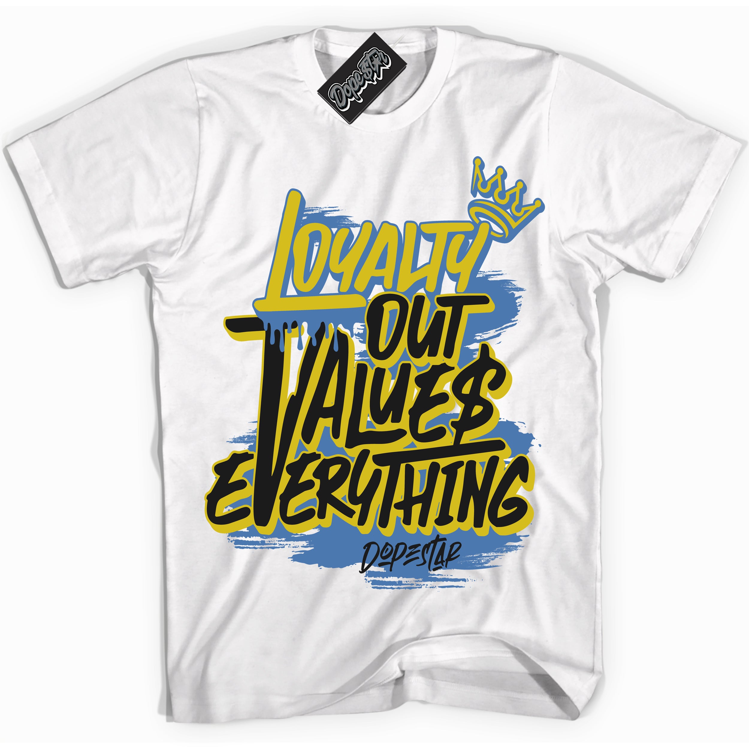 Cool White Shirt with “ Loyalty Out Values Everything” design that perfectly matches Pro x Powerpuff Girls Bubbles Sneakers.