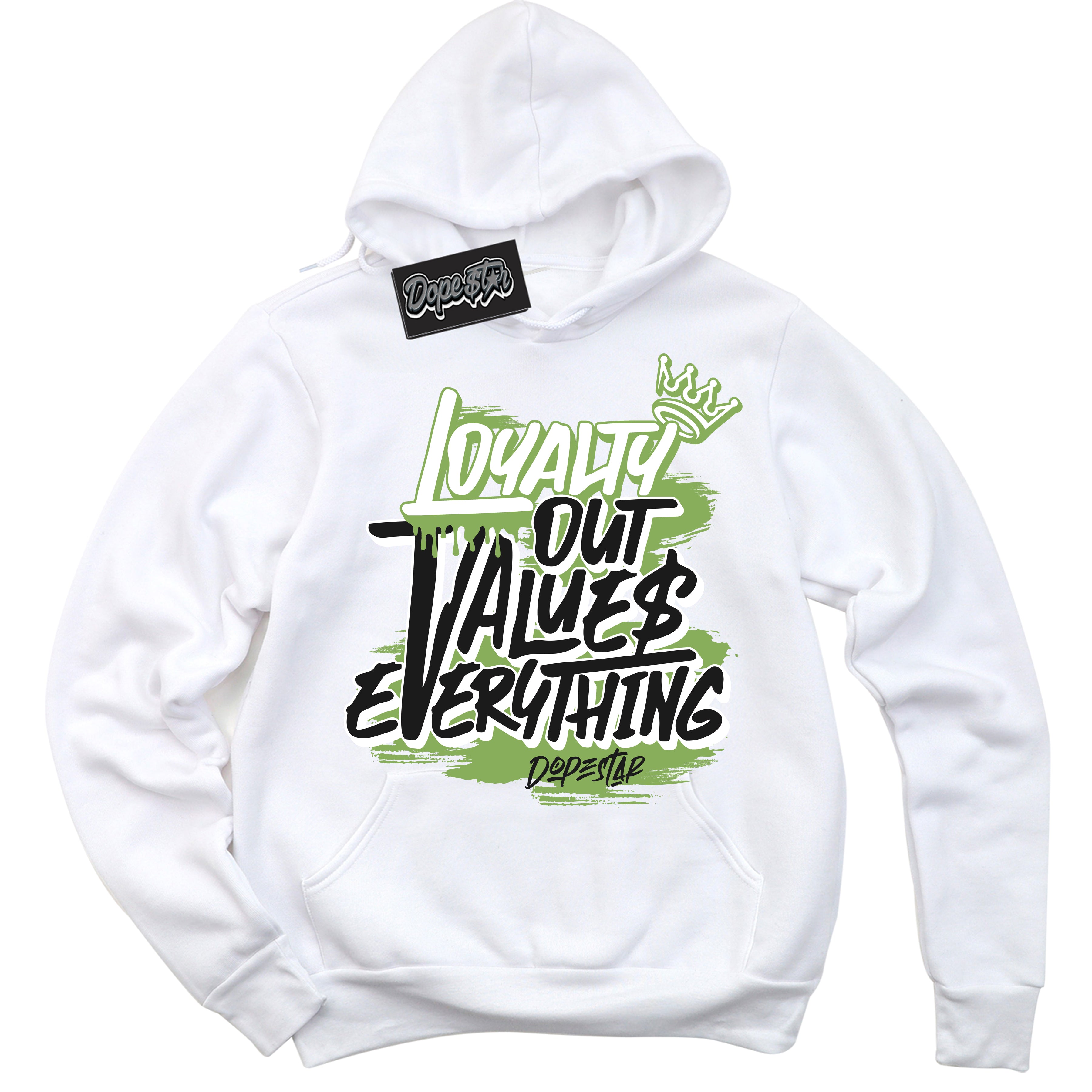 Cool White Hoodie with “ Loyalty Out Values Everything ”  design that Perfectly Matches Pro x Powerpuff Girls Buttercup Sneakers.