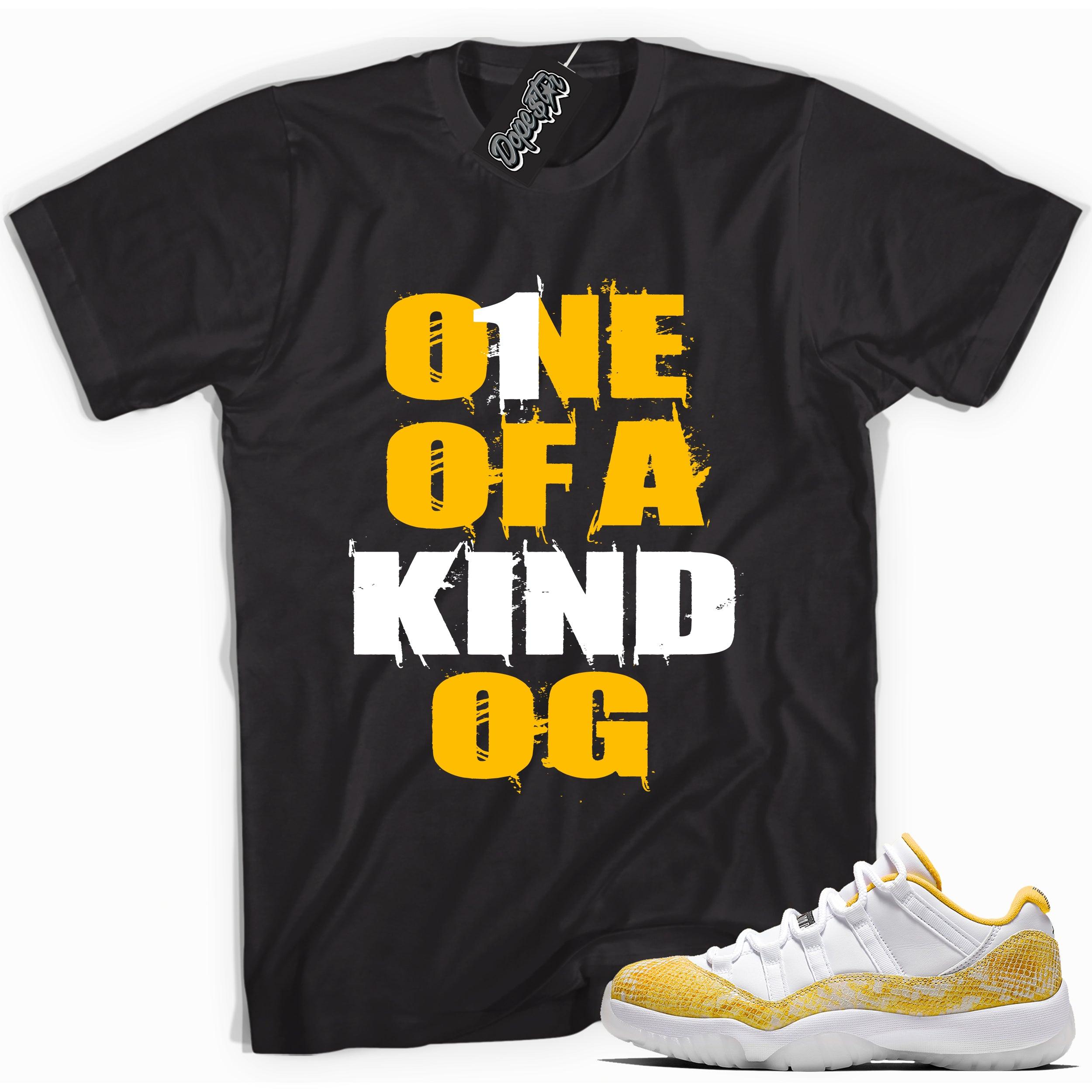 Cool black graphic tee with 'one of a kind' print, that perfectly matches  Air Jordan 11 Retro Low Yellow Snakeskin sneakers