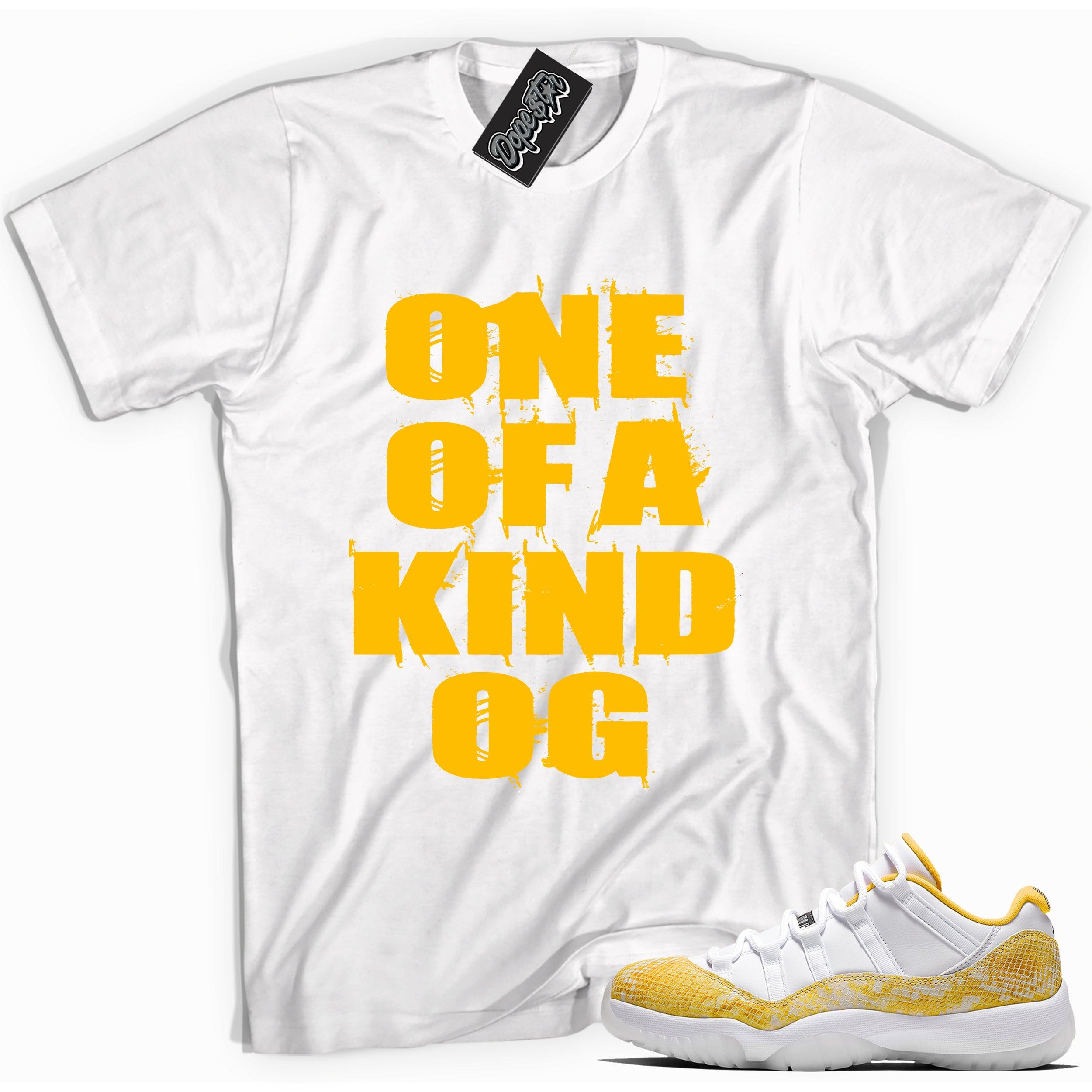 Cool white graphic tee with 'one of a kind' print, that perfectly matches Air Jordan 11 Retro Low Yellow Snakeskin sneakers