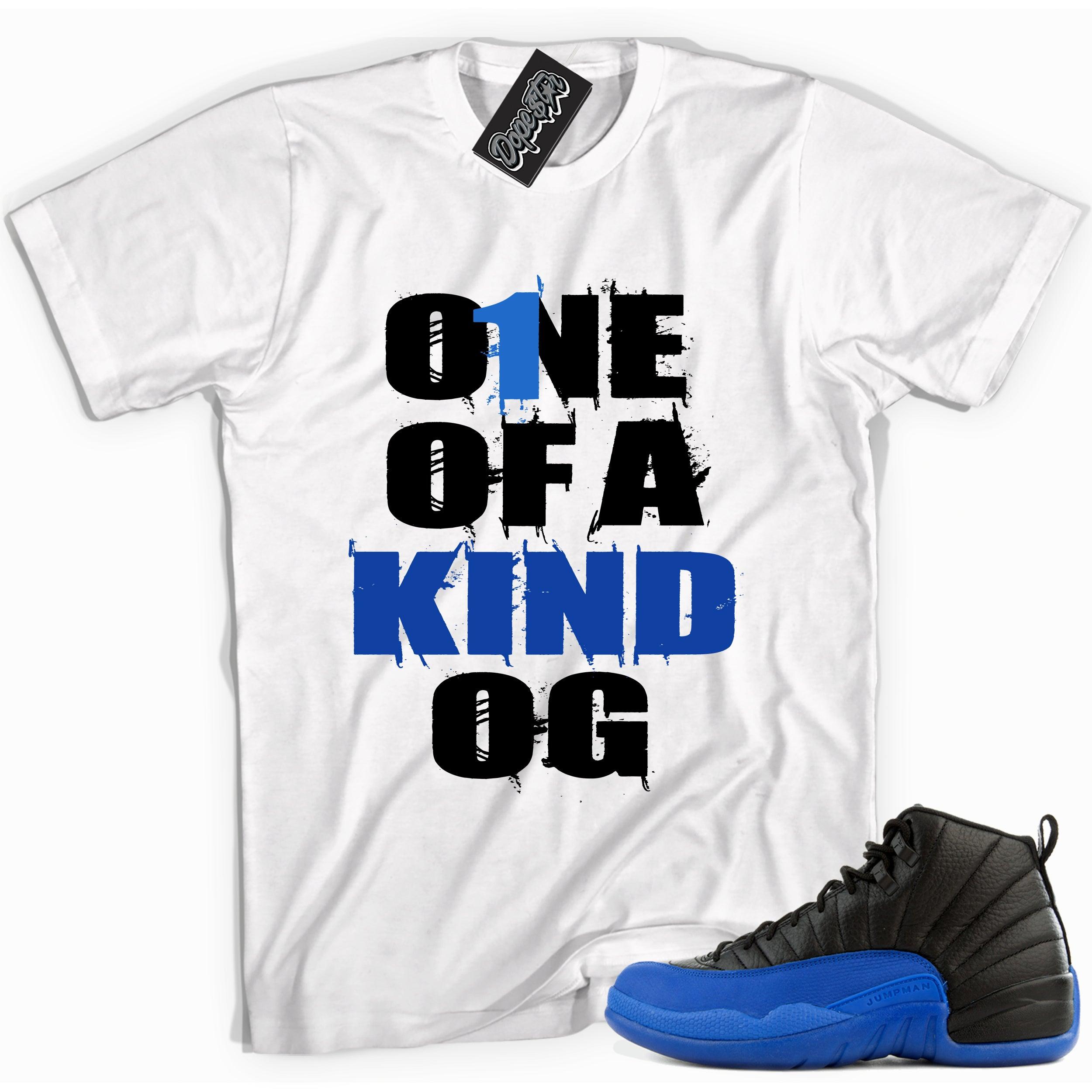 Cool white graphic tee with 'one of a kind' print, that perfectly matches Air Jordan 12 Retro Black Game Royal sneakers.