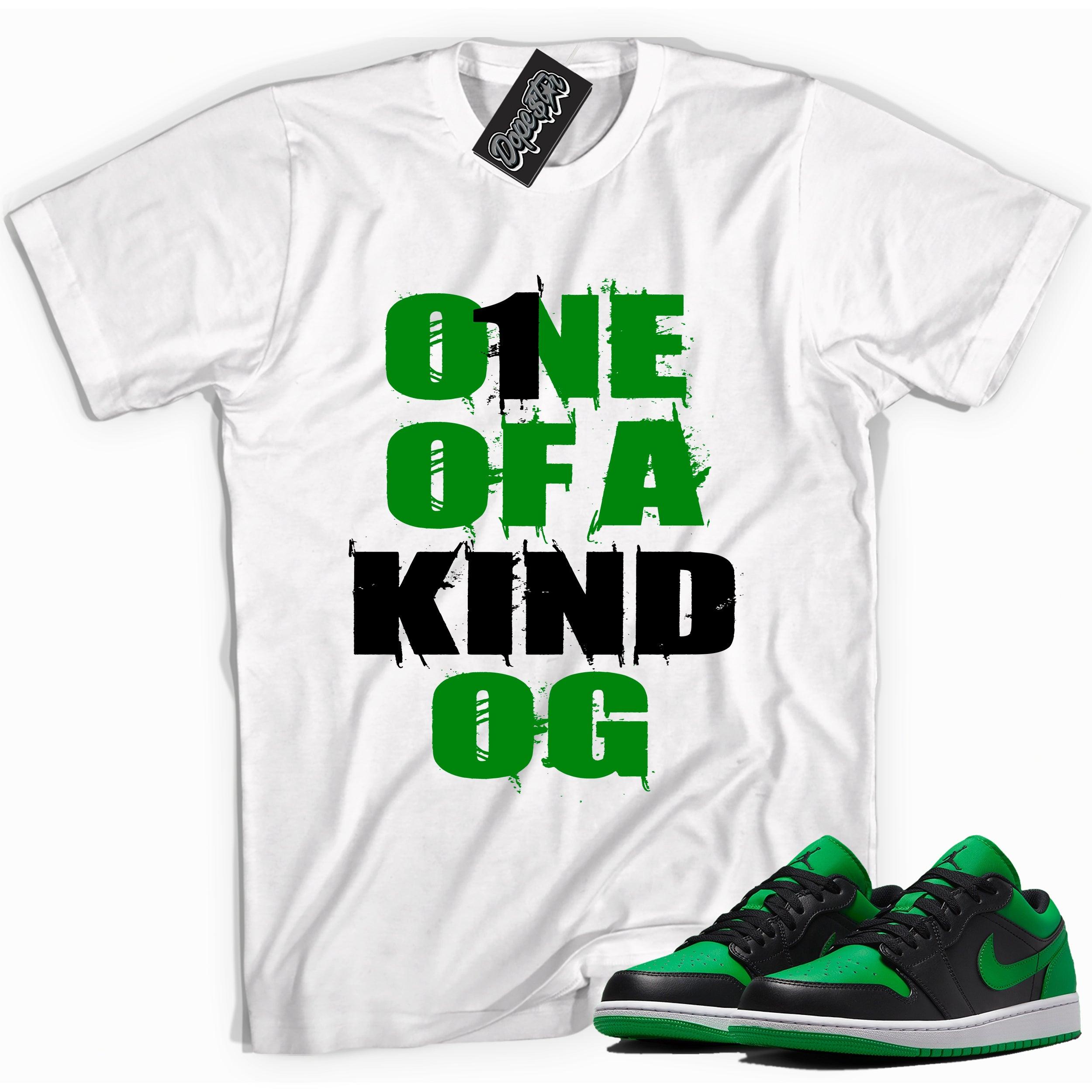 Cool white graphic tee with 'one of a kind' print, that perfectly matches Air Jordan 1 Low Lucky Green sneakers
