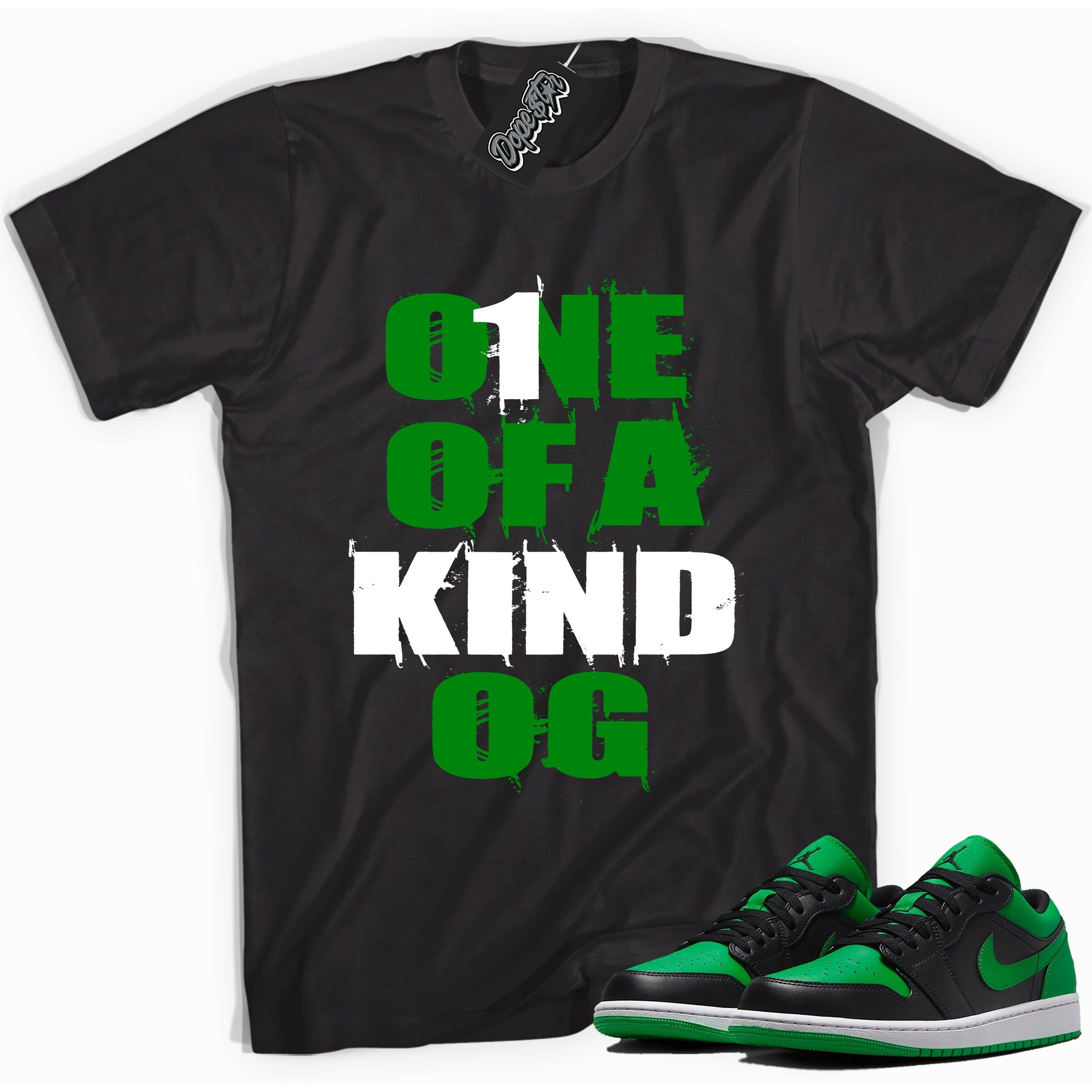 Cool black graphic tee with 'one of a kind' print, that perfectly matches Air Jordan 1 Low Lucky Green sneakers