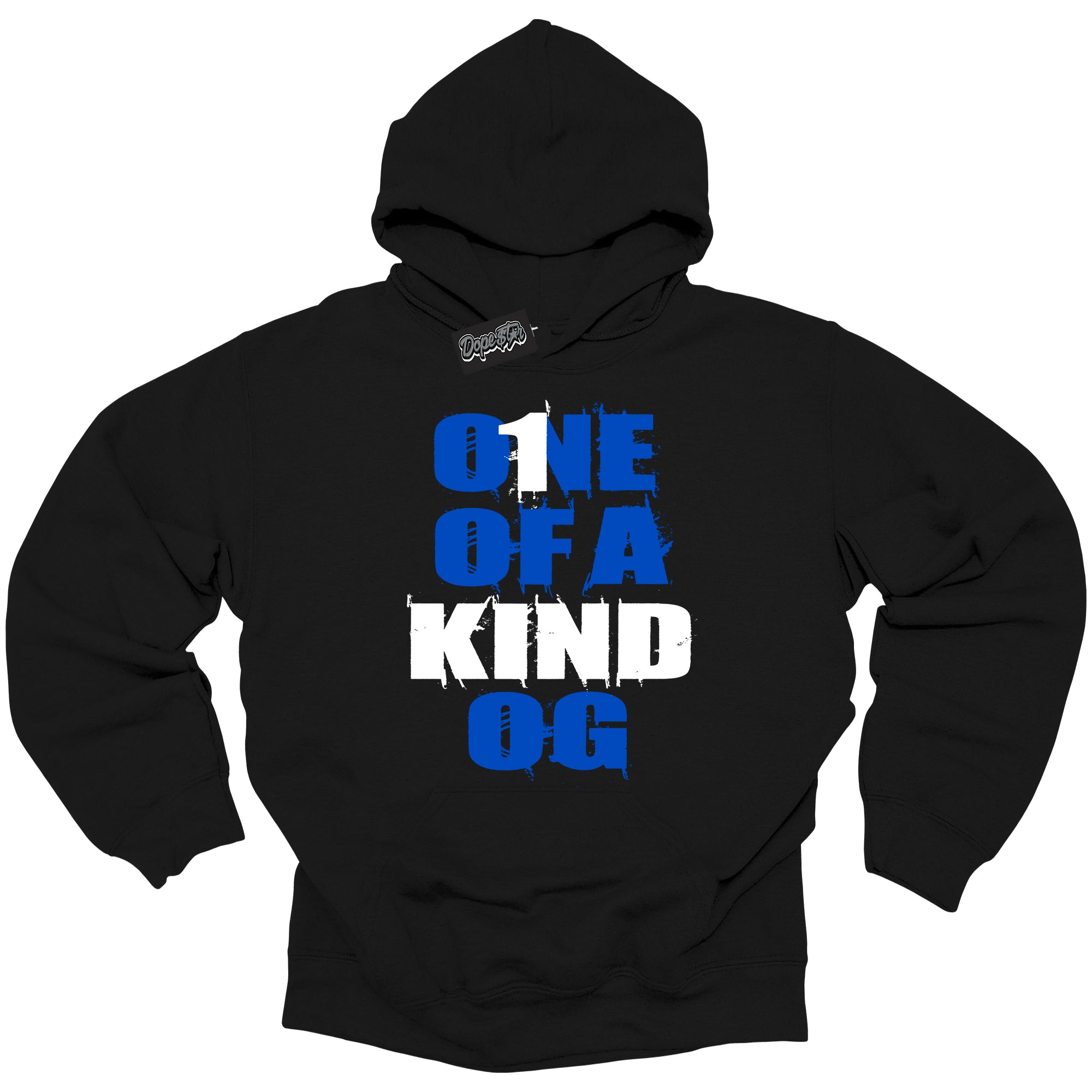 Cool Black Hoodie with “ One Of A Kind ”  design that Perfectly Matches  Royal Reimagined 1s Sneakers.