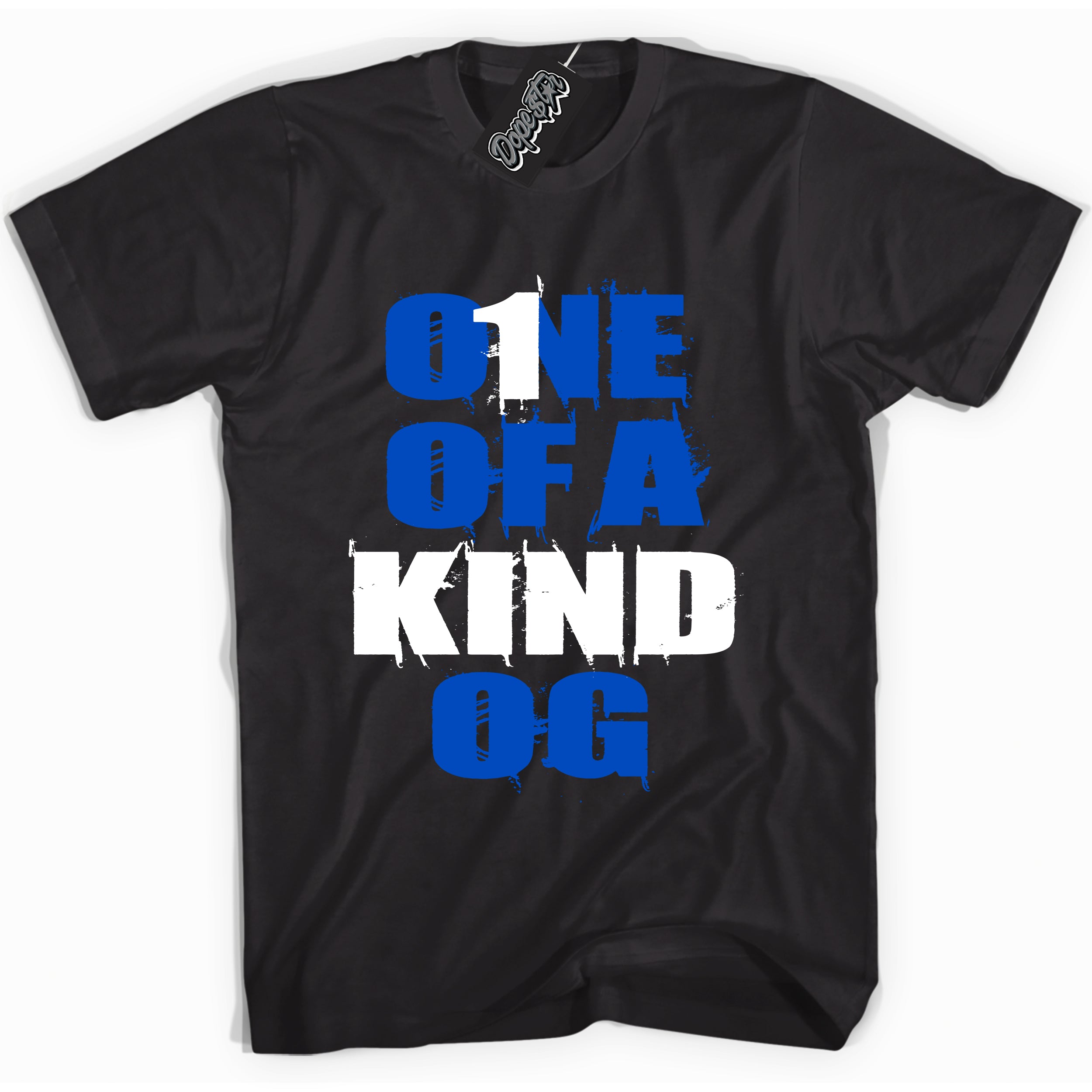 Cool Black graphic tee with “ One Of A Kind OG ” design, that perfectly matches Royal Reimagined 1s sneakers 