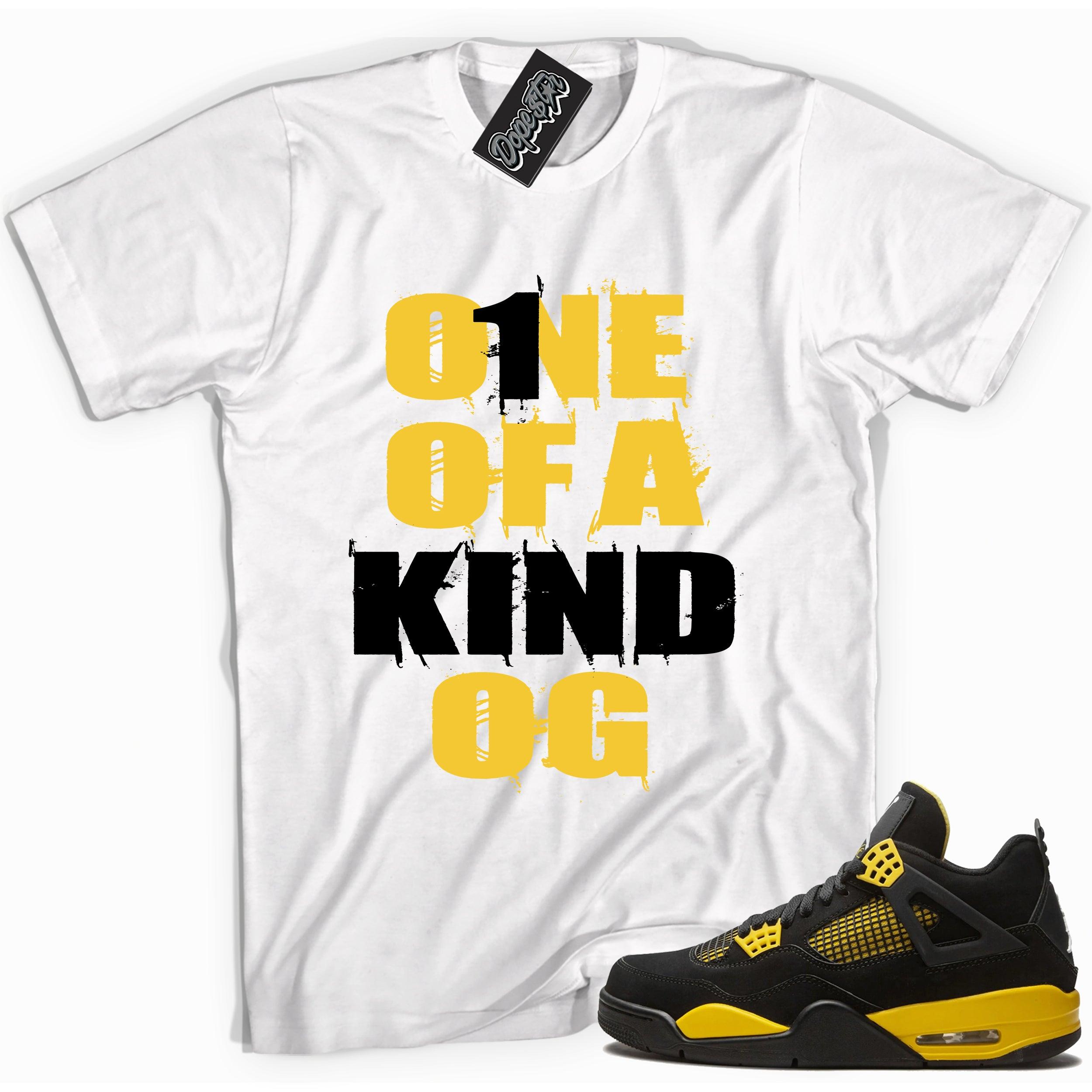 Cool white graphic tee with 'one of a kind' print, that perfectly matches Air Jordan 4 Thunder sneakers